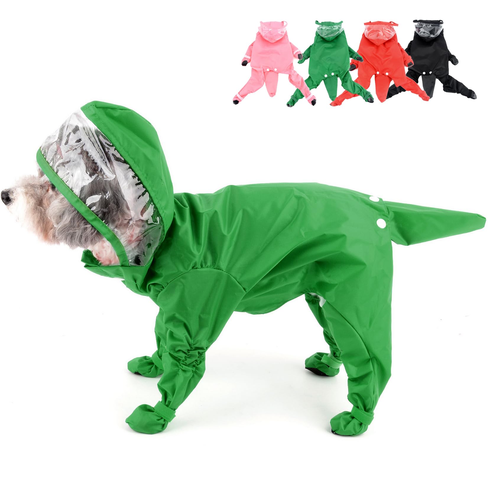 Zunea Waterproof Dog Raincoat with Legs and Boots, Green, S, Dinosaur Pattern