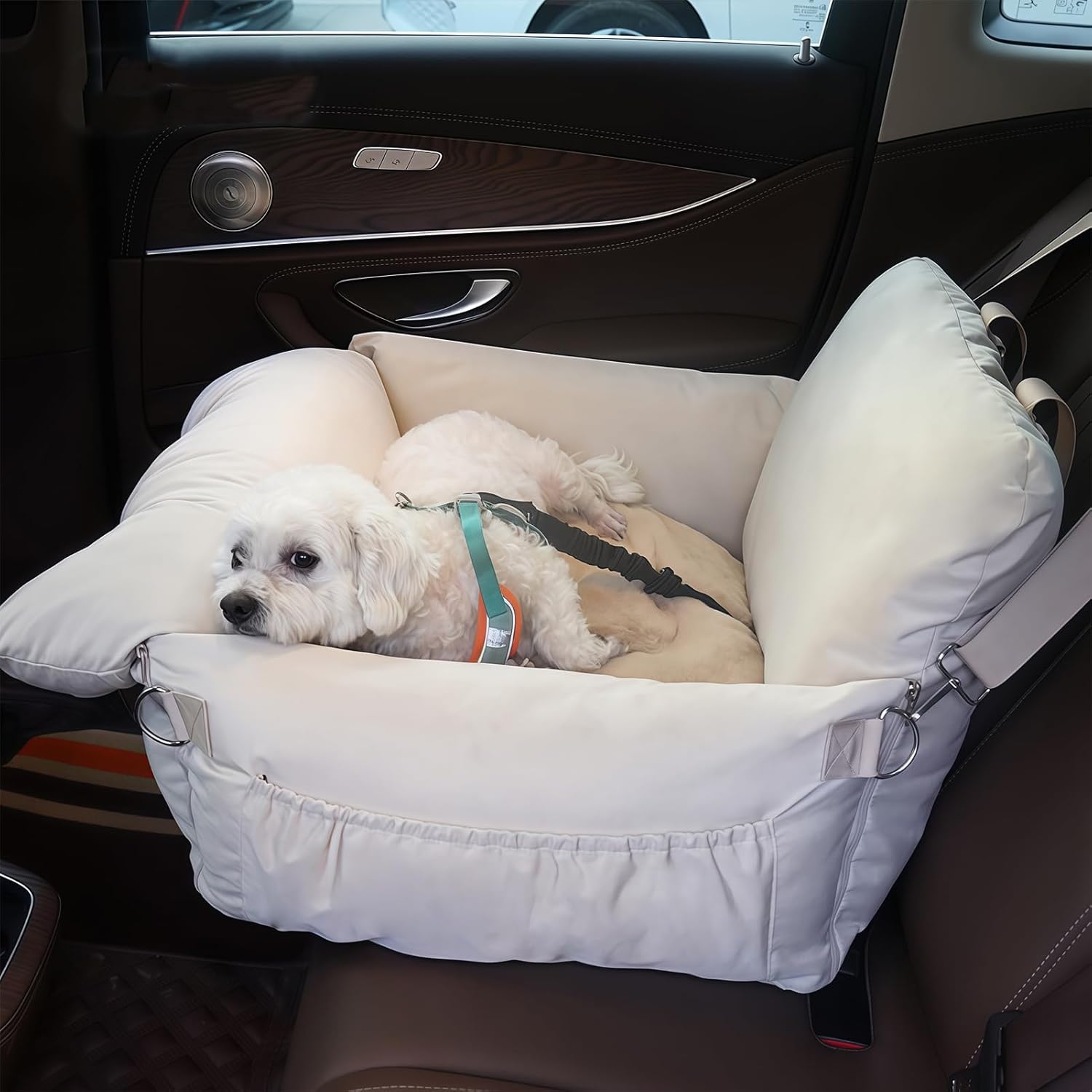 Adjustable Pet Car Seat - Detachable Booster for Dogs & Cats Up to 25 lbs, Shredded Memory Foam Filling (Beige, 23" L x 20" W x 17" H)