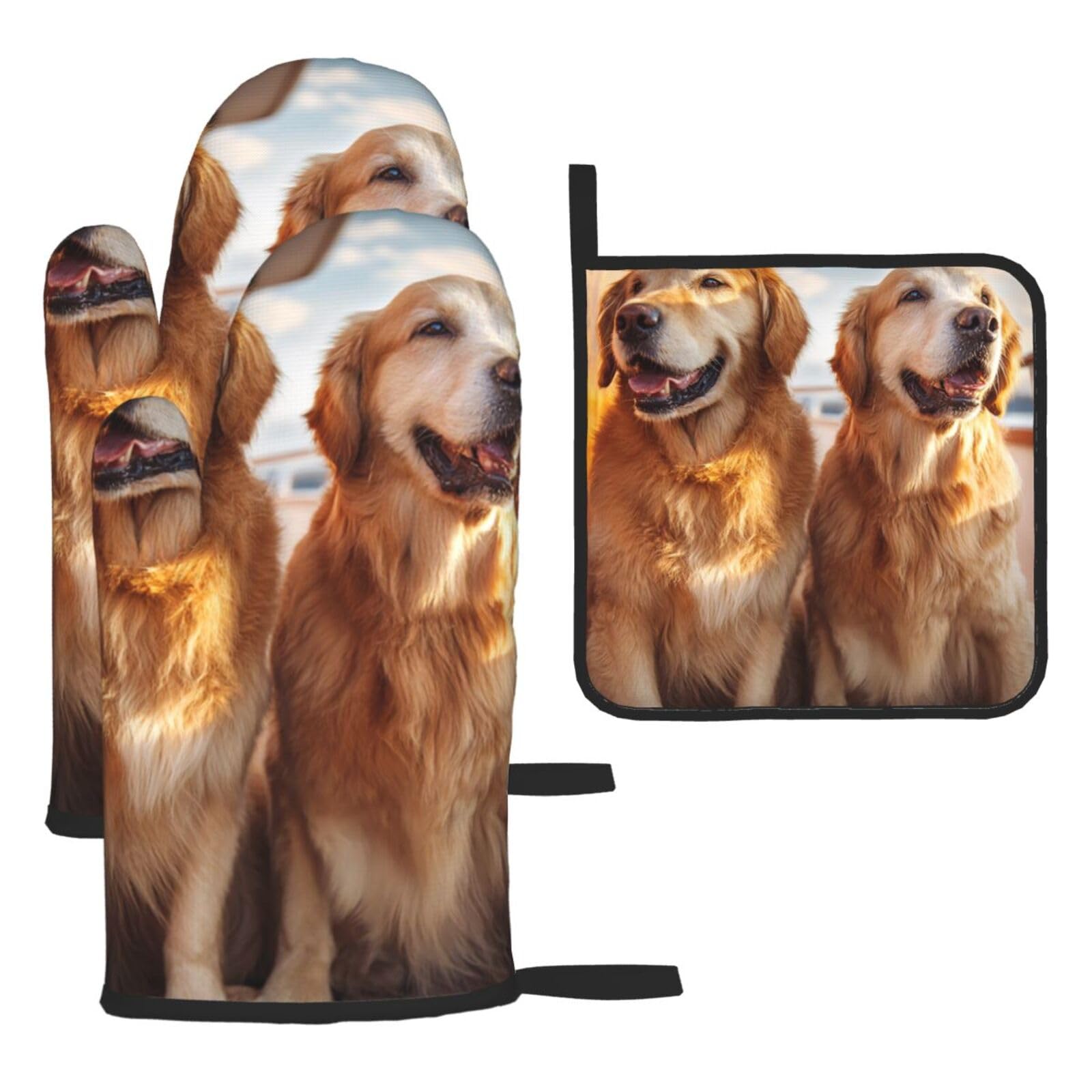 Oven Mitts and Pot Holders Set of 3 Heat Resistant Non-Slip Kitchen Gloves Hot Pads Golden Retrievers Mittens Non-Slip Potholders for Cooking Baking Grilling BBQ