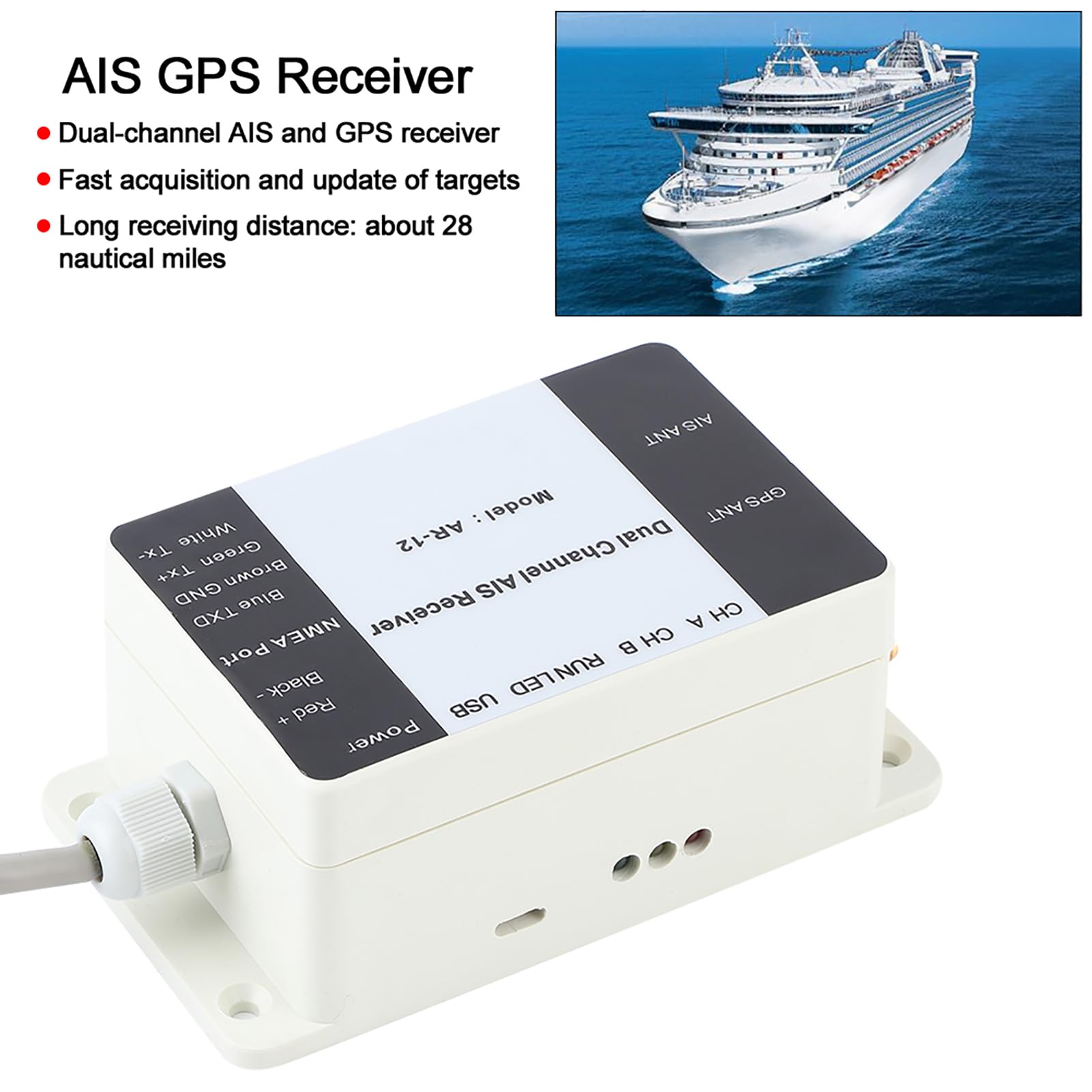 AIS-Empfänger, Zweikanal-USB-AIS-GPS-Empfänger für die Schiffsnavigation, mit Großer Reichweite von 28 Seemeilen und NMEA-Anschluss, Tragbare ABS-Marineelektronik