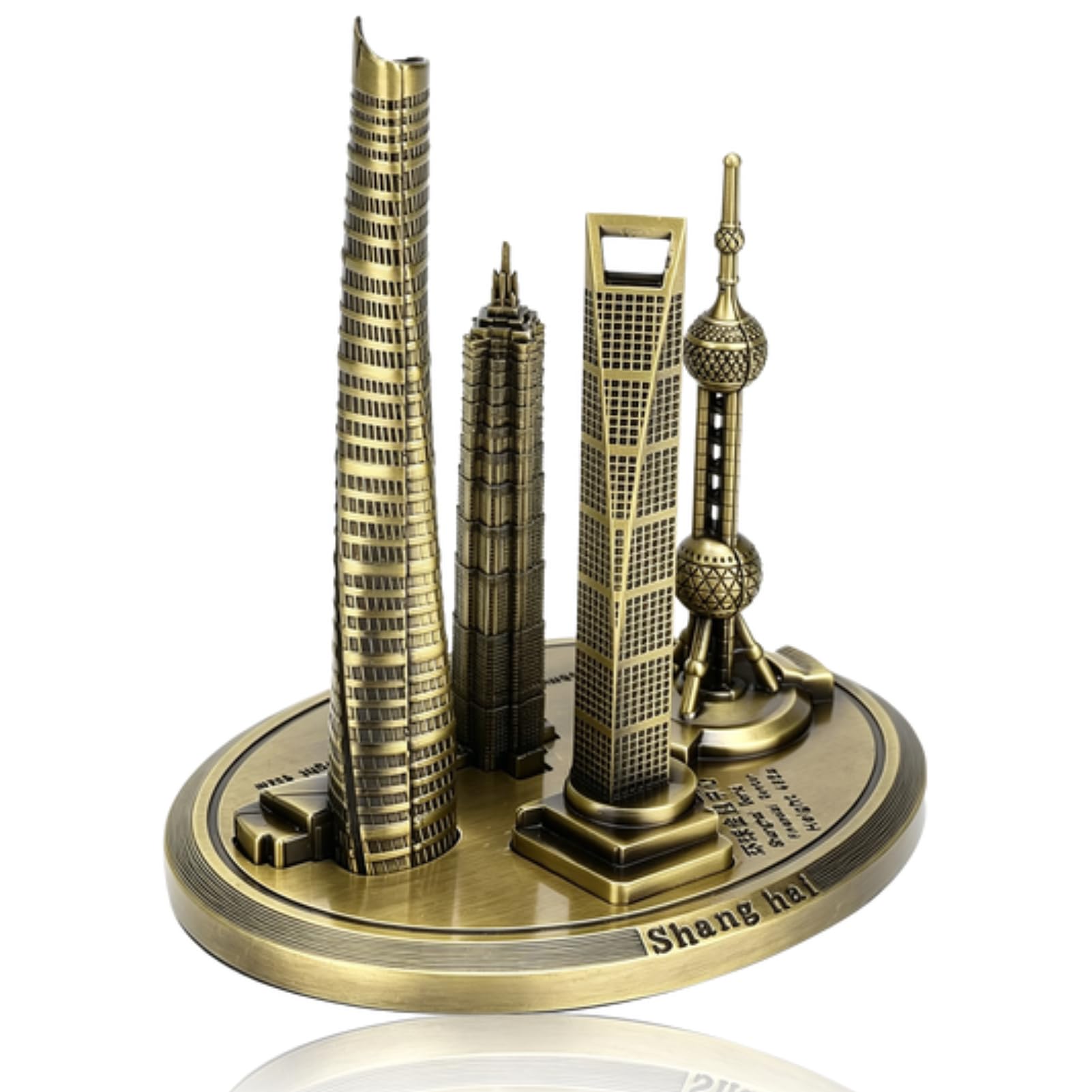 Cyrank Shanghai Landmark Buildings Model Statue, Metal World Famous Landmark Building Model Decor Shanghai Financial Center Buildings Replica Model Home Desktop Ornament(S-Bronze)