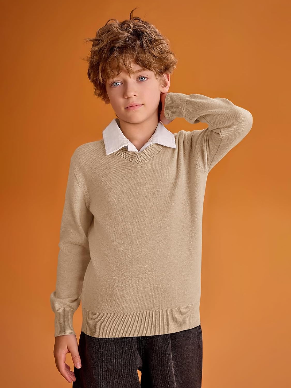 Haloumoning Boys School Uniform Sweater Kids Long Sleeve V Neck Pullover Fall Winter Clothes 5-14 Years - Image 3
