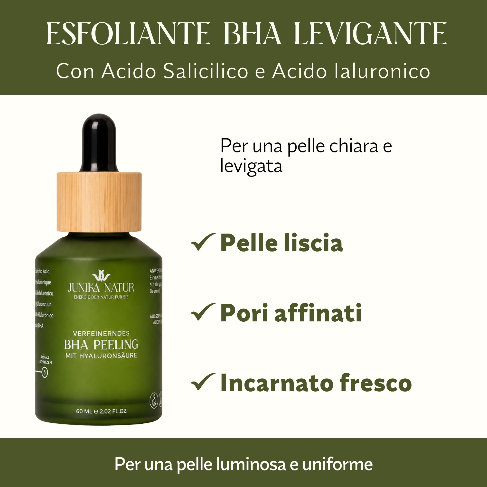 Peeling BHA con Acido Ialuronico 60 ml – Esfoliante Viso con Acido Salicilico Uomo e Donna – Minimizza i Pori – Contro Imperfezioni e Punti Neri – Affina la Pelle – Vegano