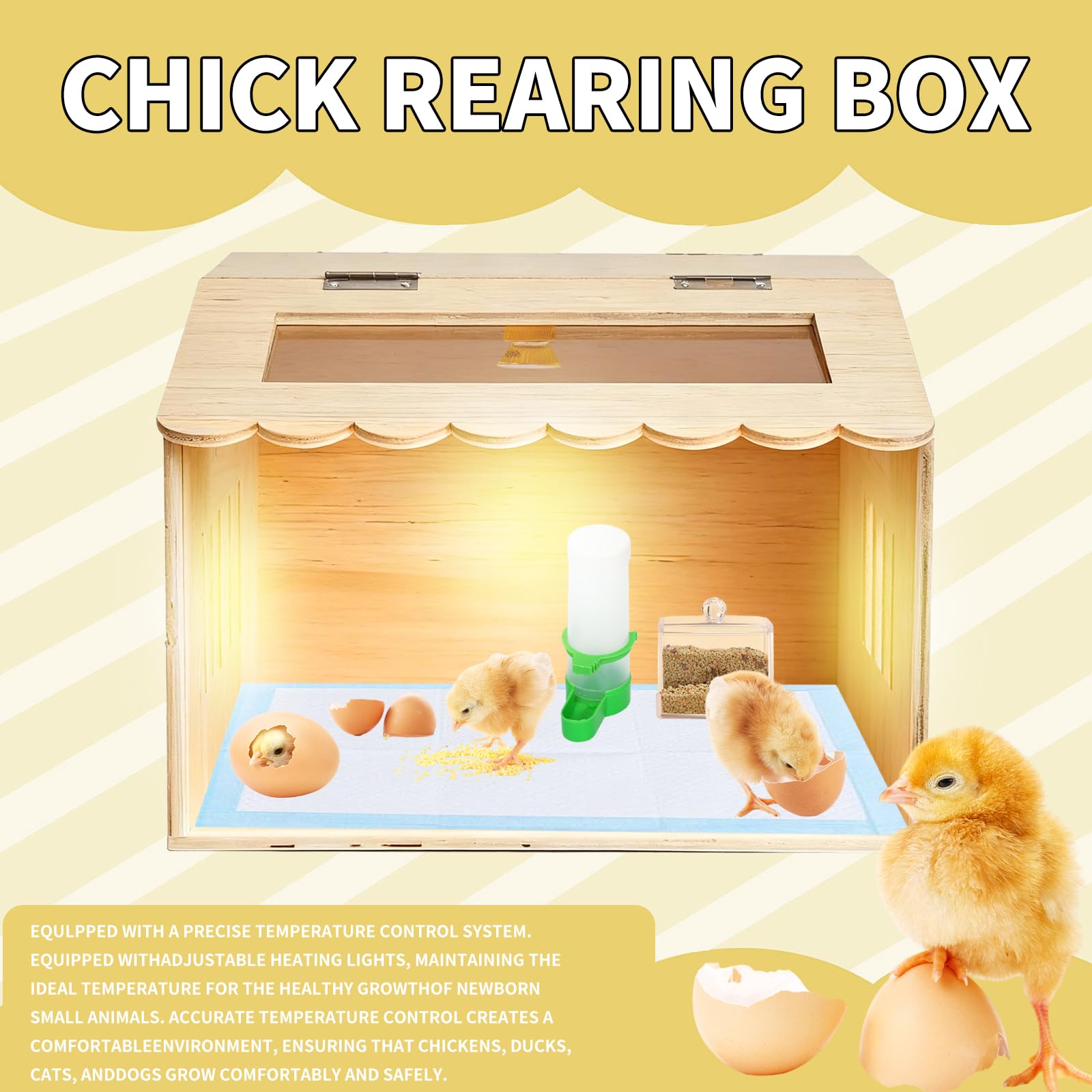 Kit de caja de madera para criar pollos con lámpara de calefacción, termómetro, alimentadores de alimentos y agua, 15.7 x 11.8 x 11.8 pulgadas, juego completo de guardería para mascotas pequeñas con