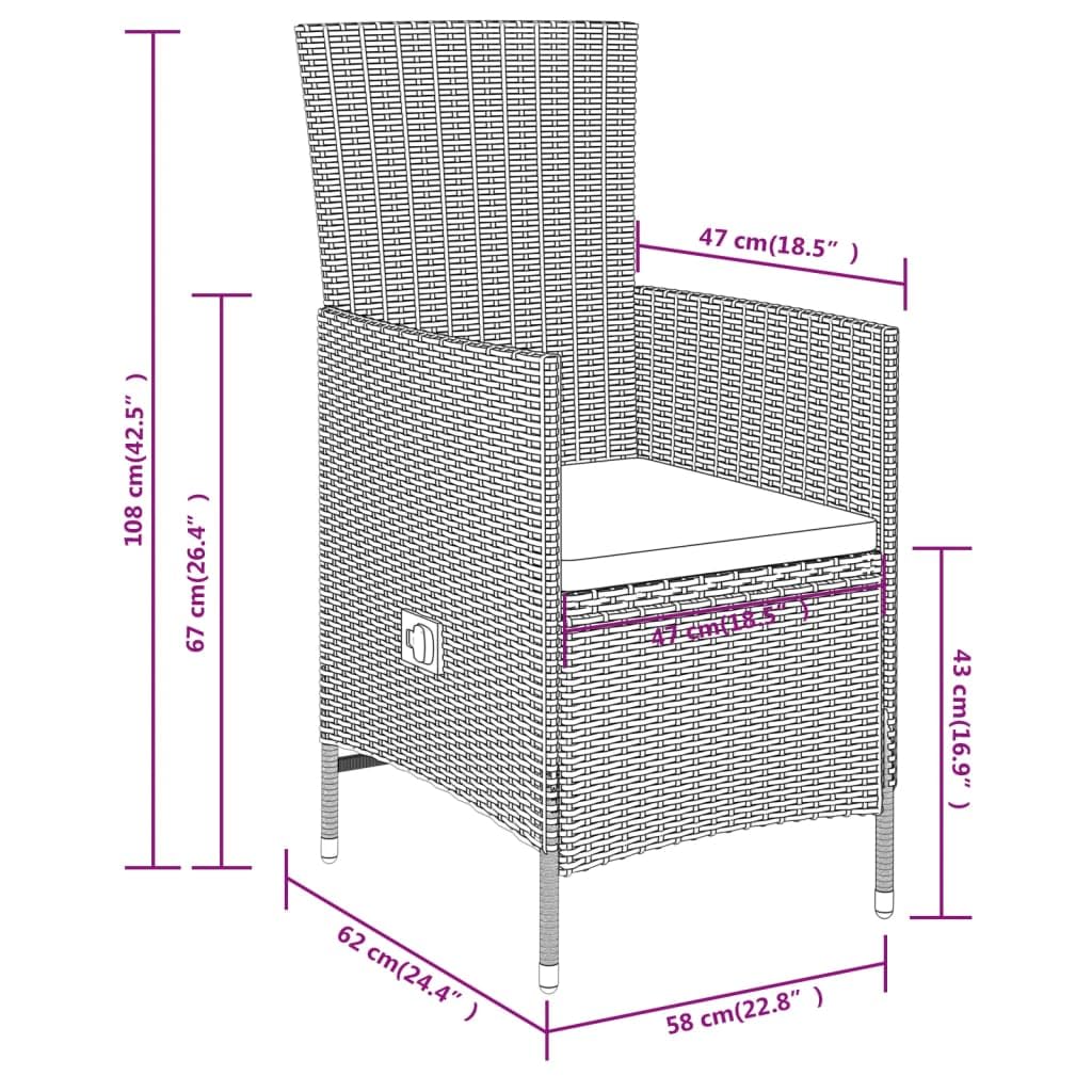 Juego de 3 muebles de jardín con cojines negros, juego de mesa de comedor al aire libre para patio y jardín, con cojines de fácil cuidado y sillas ajustables