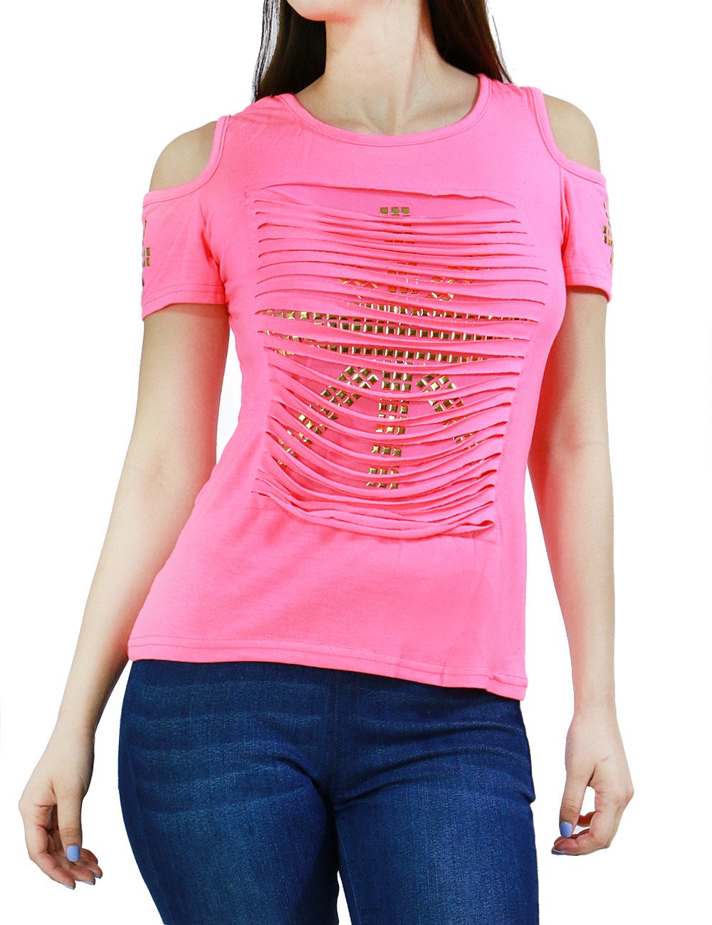 Womens Stretchy British Flag Rock Star Ripped Overlay Top Open Shoulder Detail