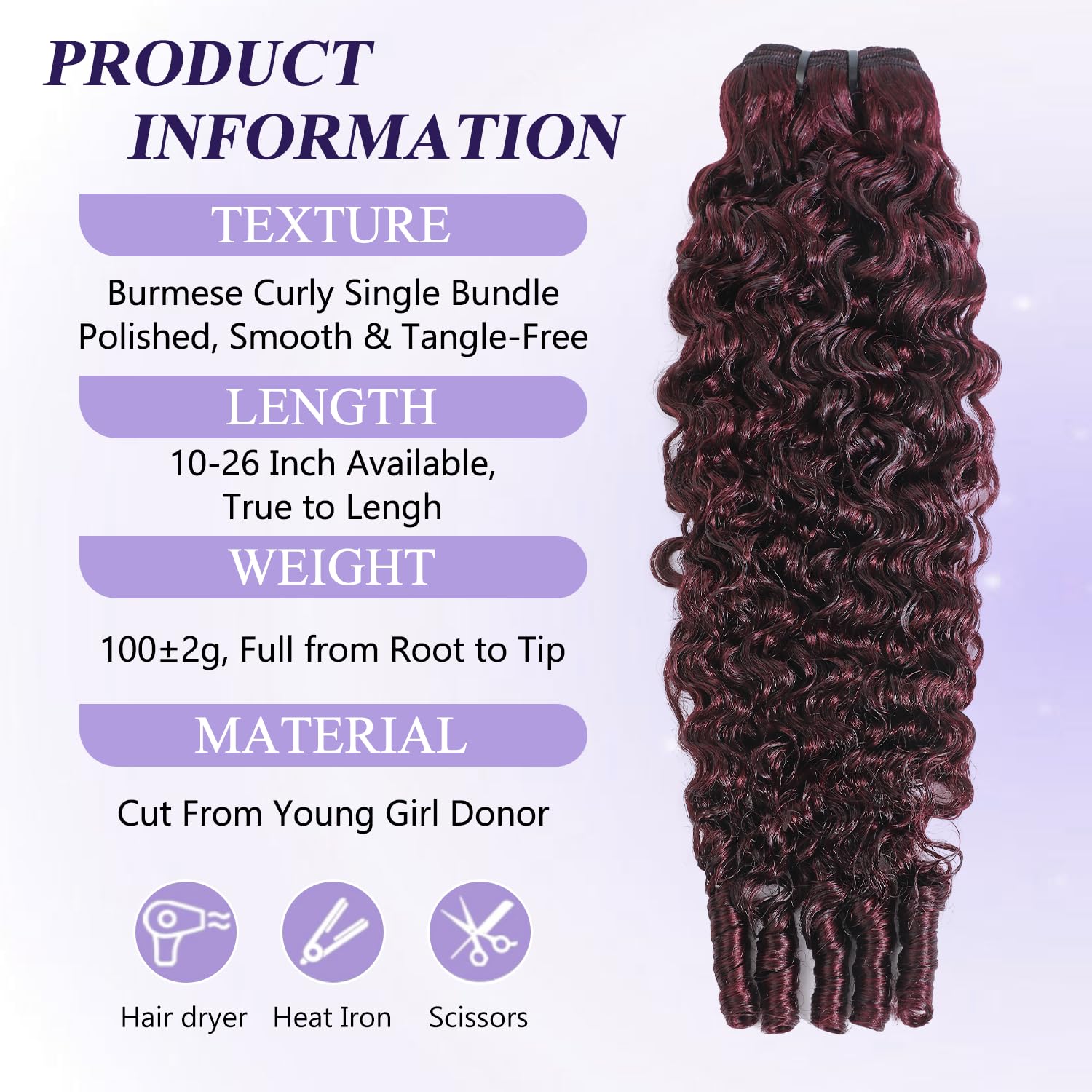 #99J Color Burmese Curly Bundle Human Hair 18 Inch, 15A Dark Burgundy Curly Bundle 3C4A Water Wave with Spiral Curly End 1 Bundle 100% Unprocessed Wet N Wavy Brazilian Raw Human Hair Extension