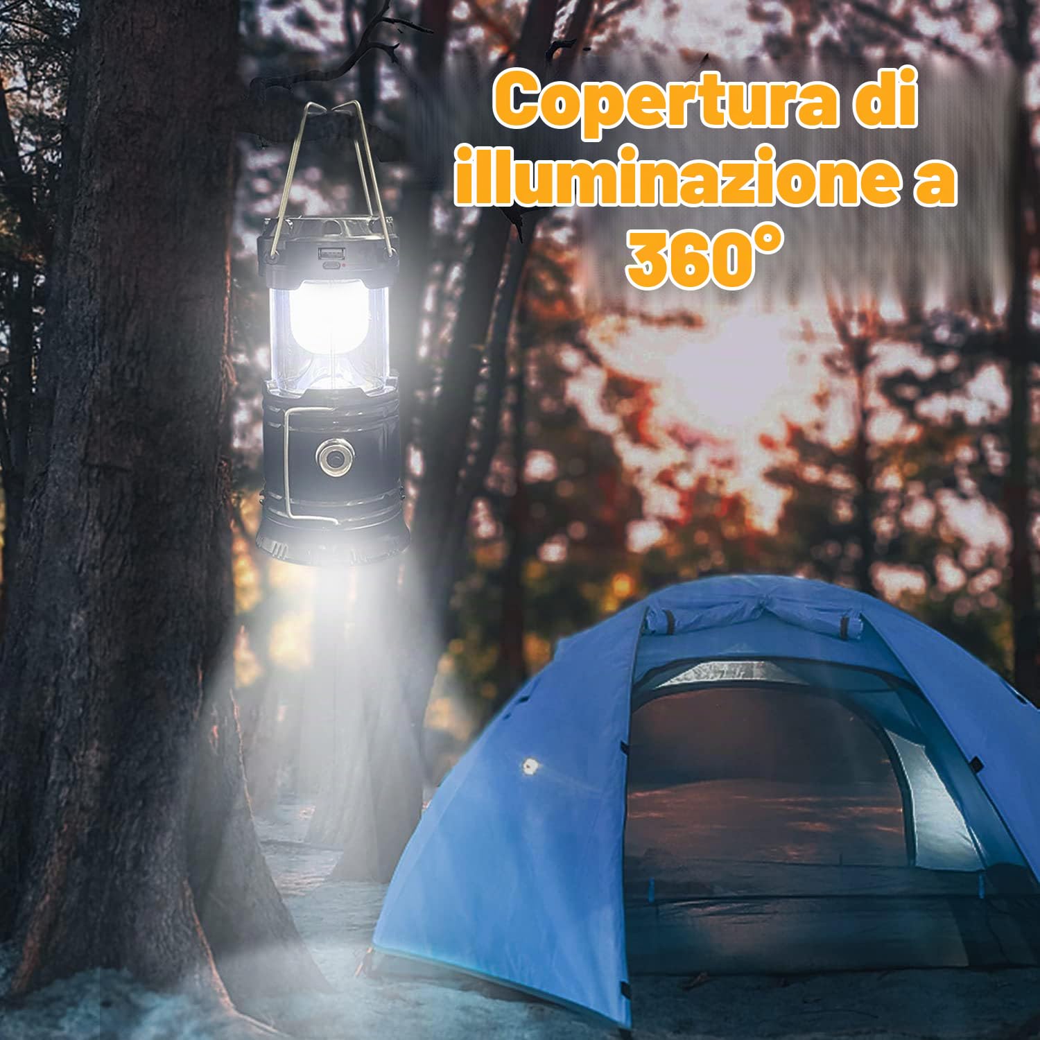 Lanterna da campeggio portatile pieghevole a LED, leggera, impermeabile, ricaricabile tramite USB, kit di sopravvivenza per interni ed esterni, luce di emergenza, interruzioni di corrente