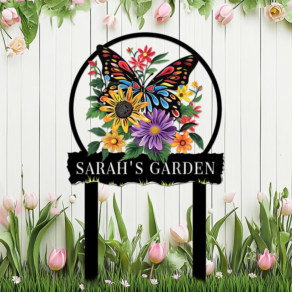 Butterfly Metal Sign Custom Garden with Stake,Personalized Gardener Name Signs Welcome Plaque for Outside,Sunflower Customized Birthday Gardening Gifts,Flowers Decor for Lawn Yard Porch Patio Outdoor