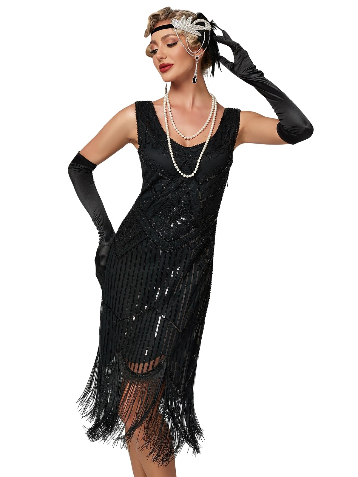 Viloree Robe Gatsby Femme Frangée Costume Flapper 1920 V Cou Soirée Paillette