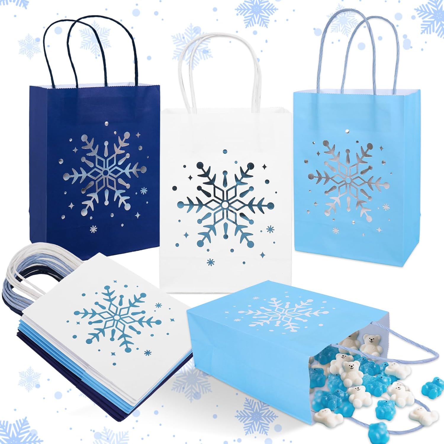 Whaline 48Pcs Winter Christmas Paper Bag White Blue Silver Foil Snowflake Treat Bags with Handles Candy Goodie Bags for Xmas Party Favors Supplies
