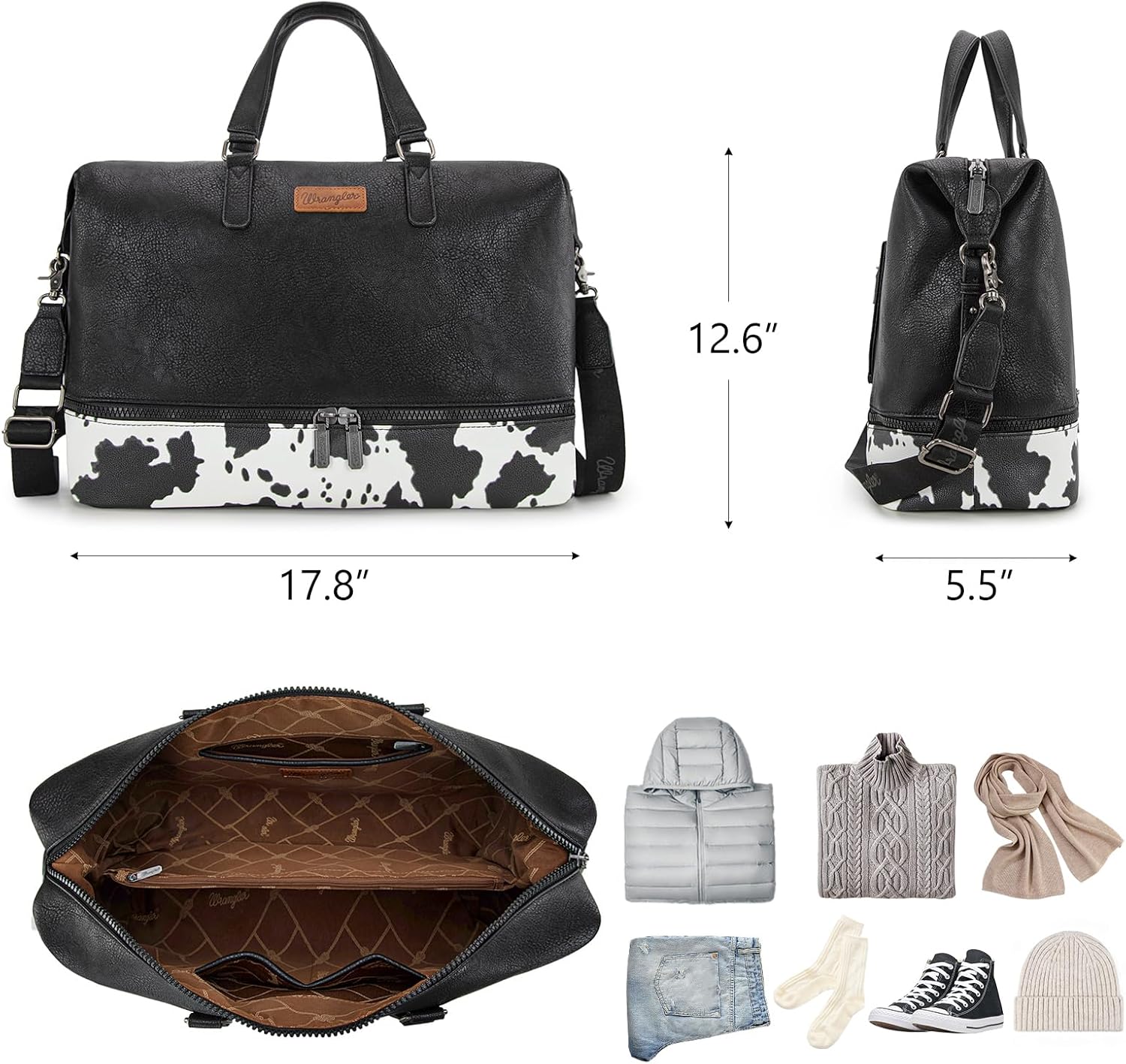 Wrangler Travel Duffel Bag Carry On Overnight Bag with Shoe Compartment Cow Print Weekender Bag for Women WG253-5110COW-BK - Image 4