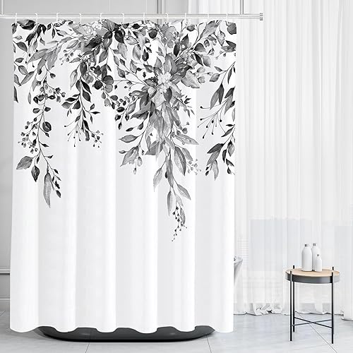 Vista 94 de Tititex - Juego de cortinas de ducha de eucalipto verde oliva, hojas de acuarela en la parte superior con decoración floral de baño, 60 x 72 Hojas