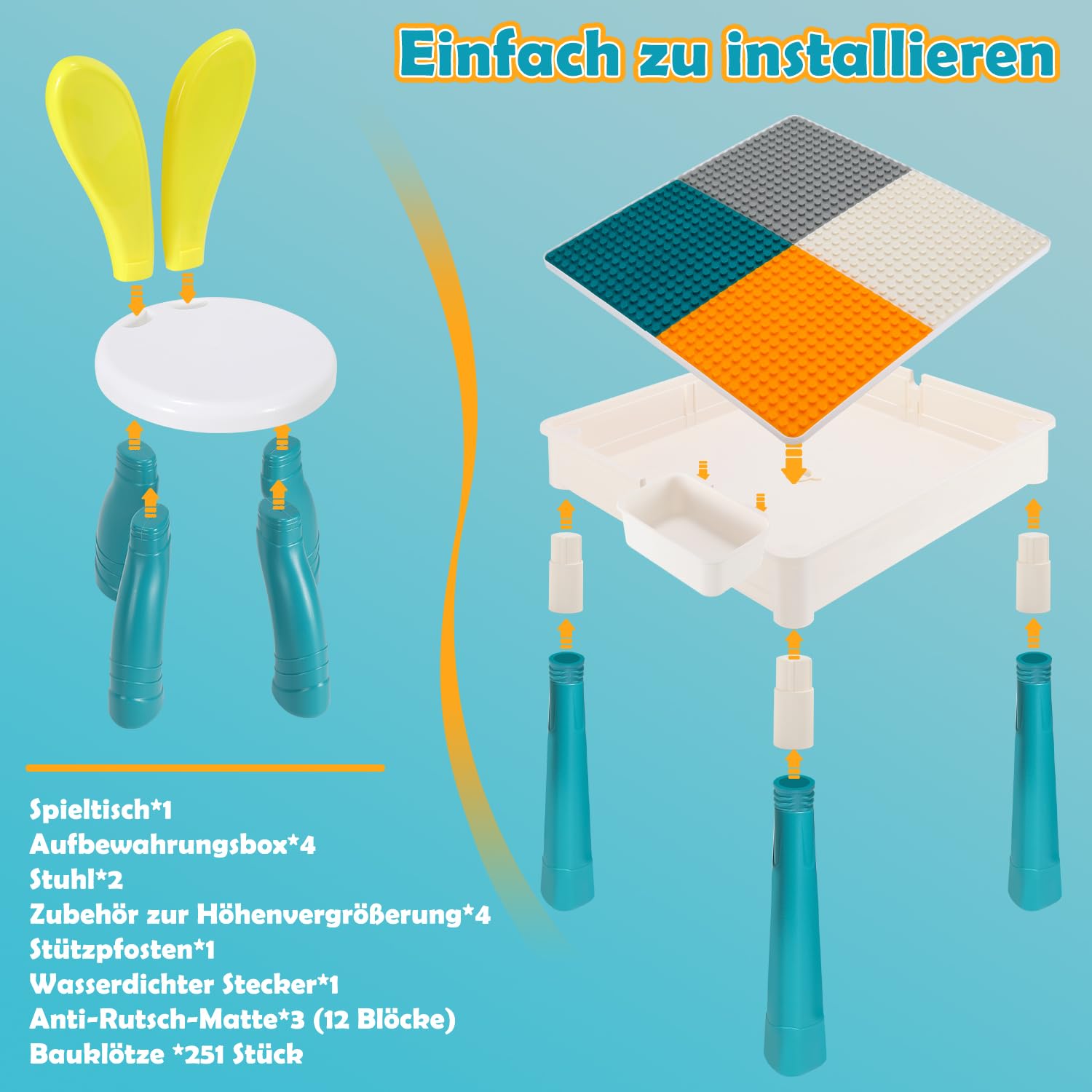 Kindertisch mit 2 Stühlen und Bausteinen, multifunktionaler Aktivitätstisch ab 2 Jahren mit Stauraum, Kreativer Gaming Tisch Baustein Set
