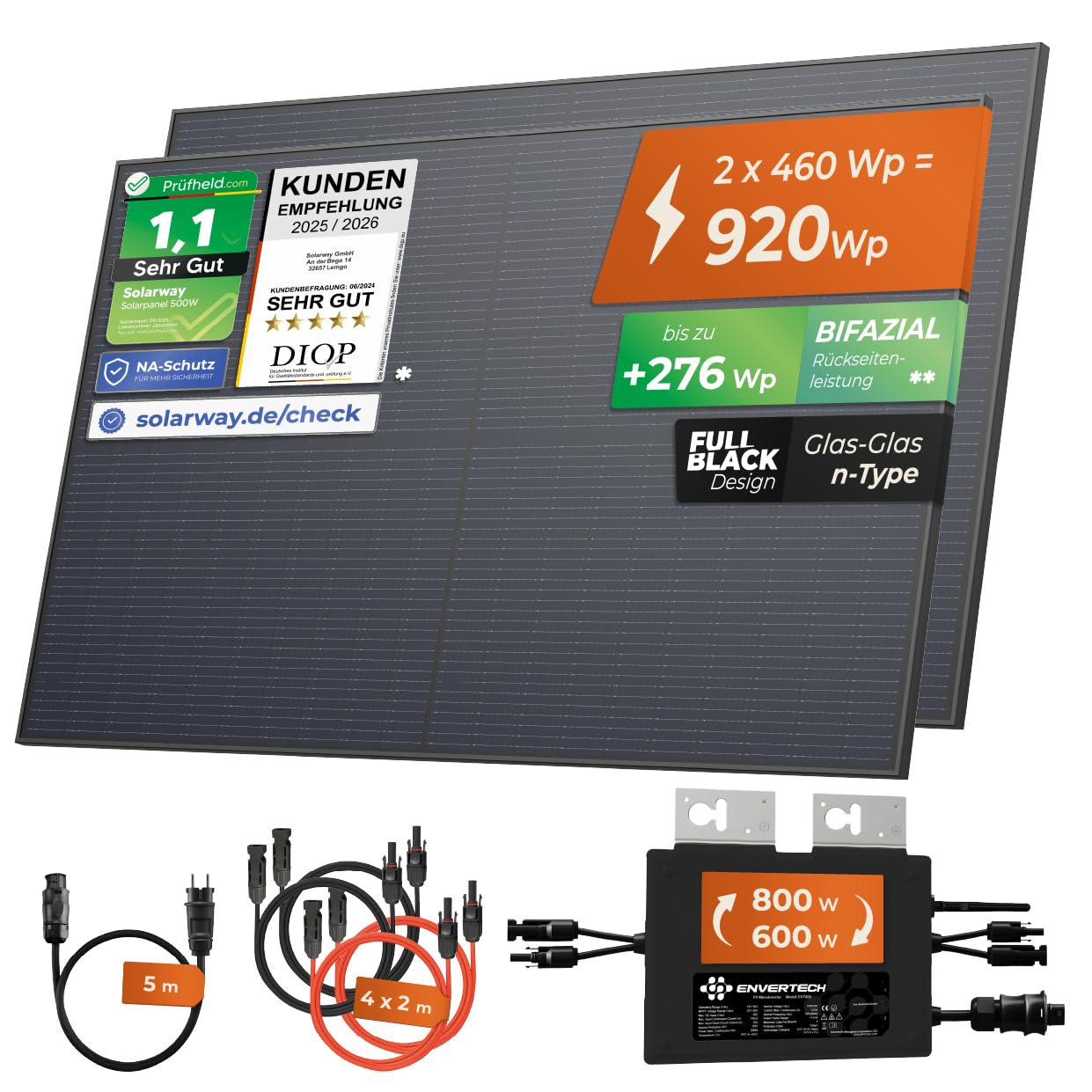 Solarway® 920W Balkonkraftwerk 800W komplett Steckdose - neuester 800 Watt Wechselrichter - Solaranlage Komplettset - 460W bifaziale Solarmodule & Envertech & Zubehör