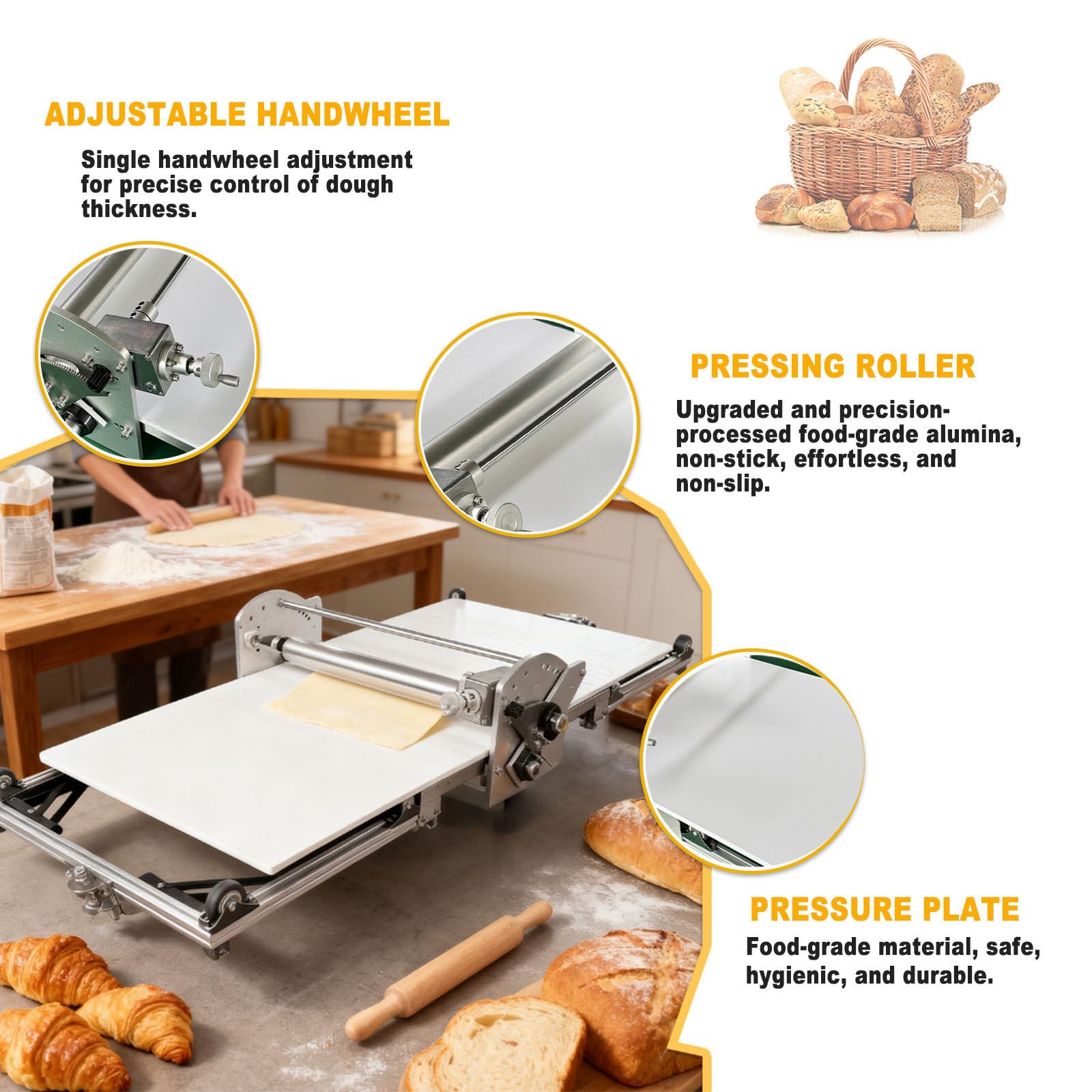 Sfogliatrice Automatica per Pasta Sfoglia, Sfogliatrice Pieghevole per Panetteria/Pizza/Croissant/Pasta Fondente, Acciaio Inossidabile + Spessore Regolabile 2-30 Mm + Impasto Reversibile