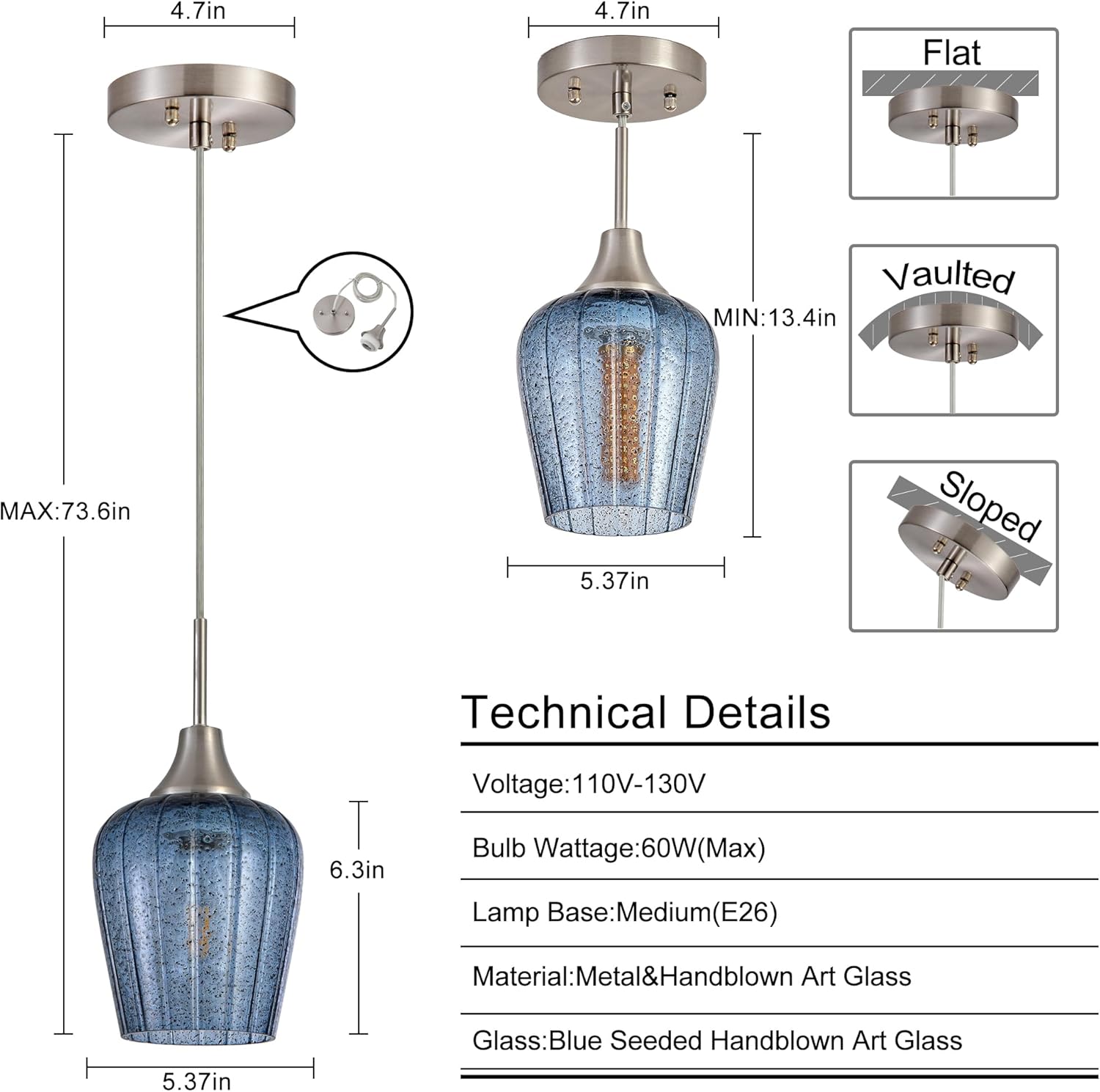 Mini Glass Pendant Light,5.4" Tulip Flower Shape Dark Blue Glass Hanging Light,1-Pack Handblown Clear Blue Seeded Shade Adjustable Cord Ceiling Light Fixture for Kitchen Island Sink