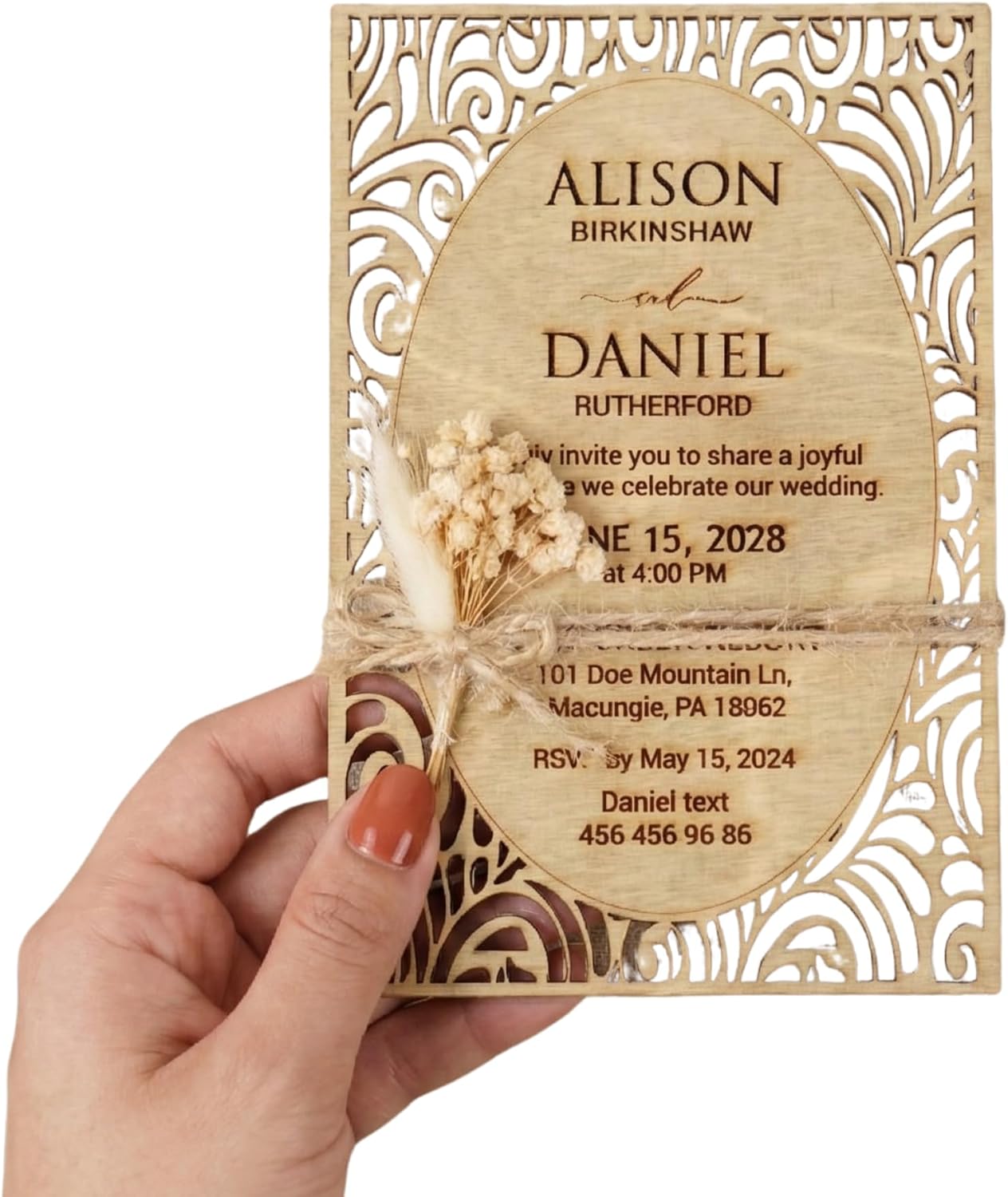 Rustic Wooden Wedding Invitations with Laser Cut Flower Design, Envelopes and Stickers for Wedding, Engagement, Bridal Shower, 5 Color Options