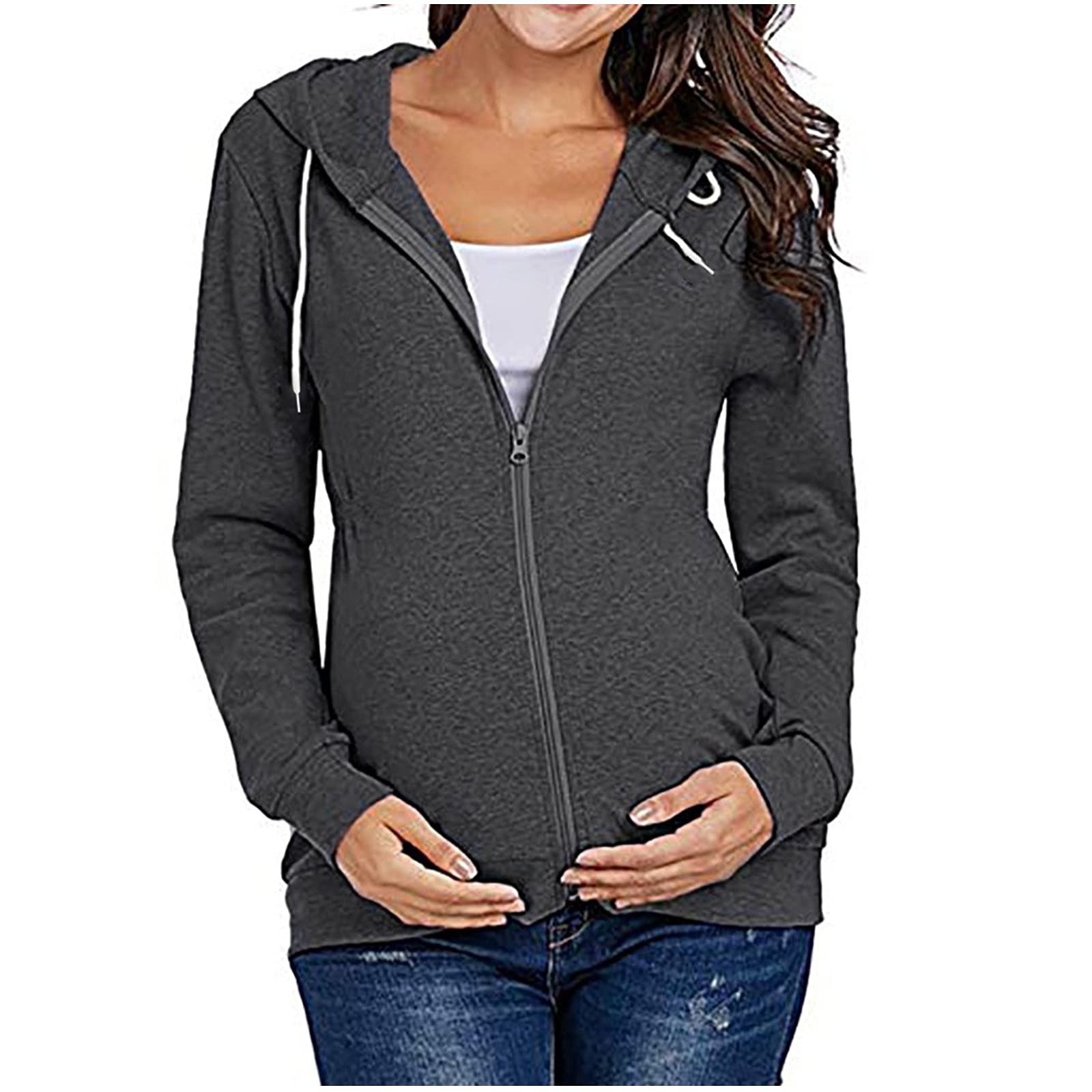 Damen-Sweatshirt, Schwangerschaft, lässig, mit Reißverschluss, mit Taschen, langärmelig, Sweatshirt, Umstandsbluse, zierlich, Damenmode