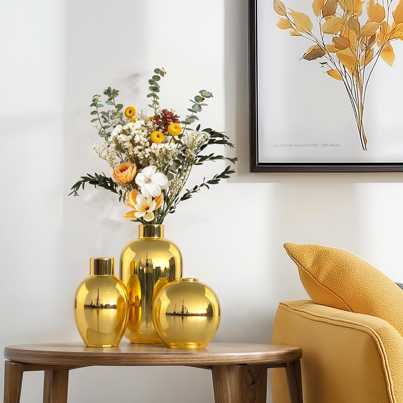 Set di 3 vasi in ceramica dorati lucidi, vasi decorativi moderni rotondi in oro per decorazione con erbe Pampas, camera da letto, ufficio, soggiorno, libreria, matrimonio, centrotavola per bagno