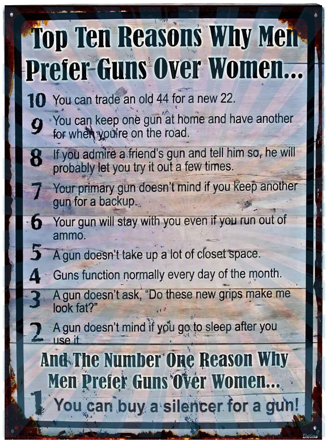 MQXFCZUX Vintage Funny Preference Tin Sign Top 10 Reasons Why Men Prefer Guns Over Women Metal Wall Decor for Workshop 8 X 12 inch