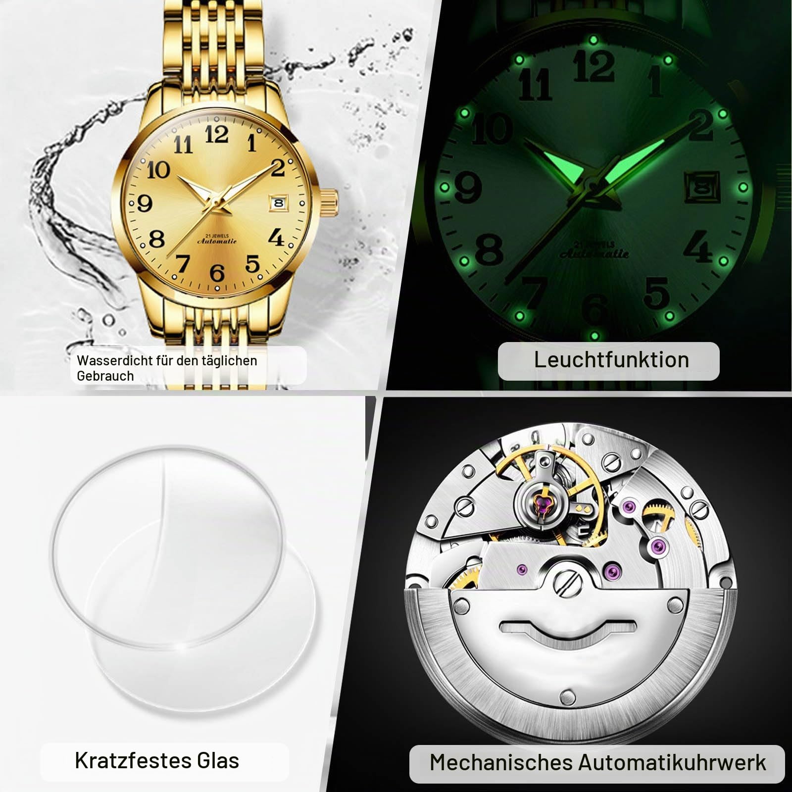 RORIOS Frauen Mechanische Uhr Damen Elegant Armbanduhren Minimalistisch Automatik Uhr Mode Automatik Edelstahl Uhr Leuchtend Analog Damenuhren Weiß A