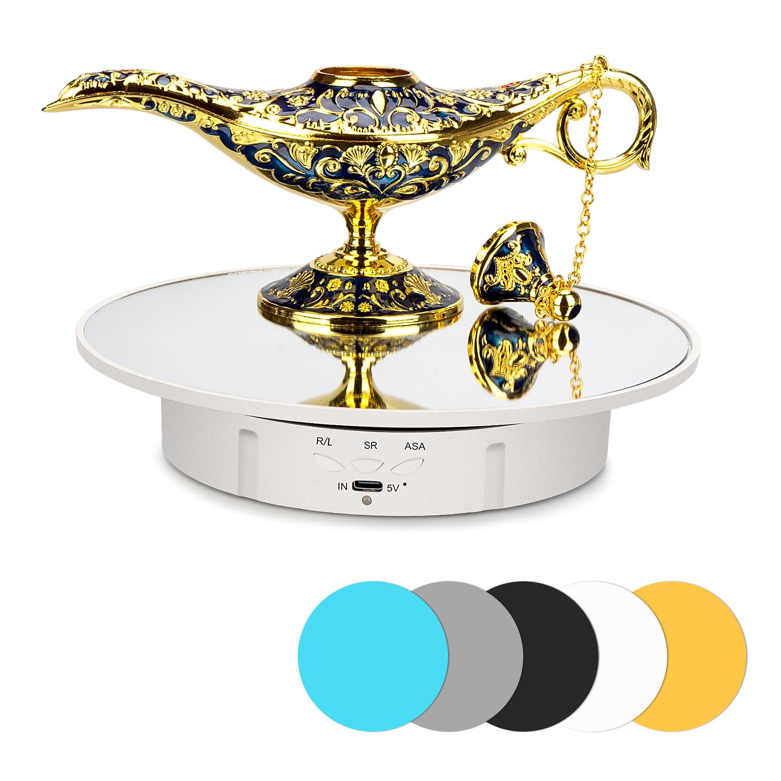 Leadleds Tocadiscos giratorio eléctrico con 5 fondos, soporte de exhibición giratorio motorizado de 360 grados para productos de fotografía, exhibición de joyas, relojes, ferias de manualidades, carga