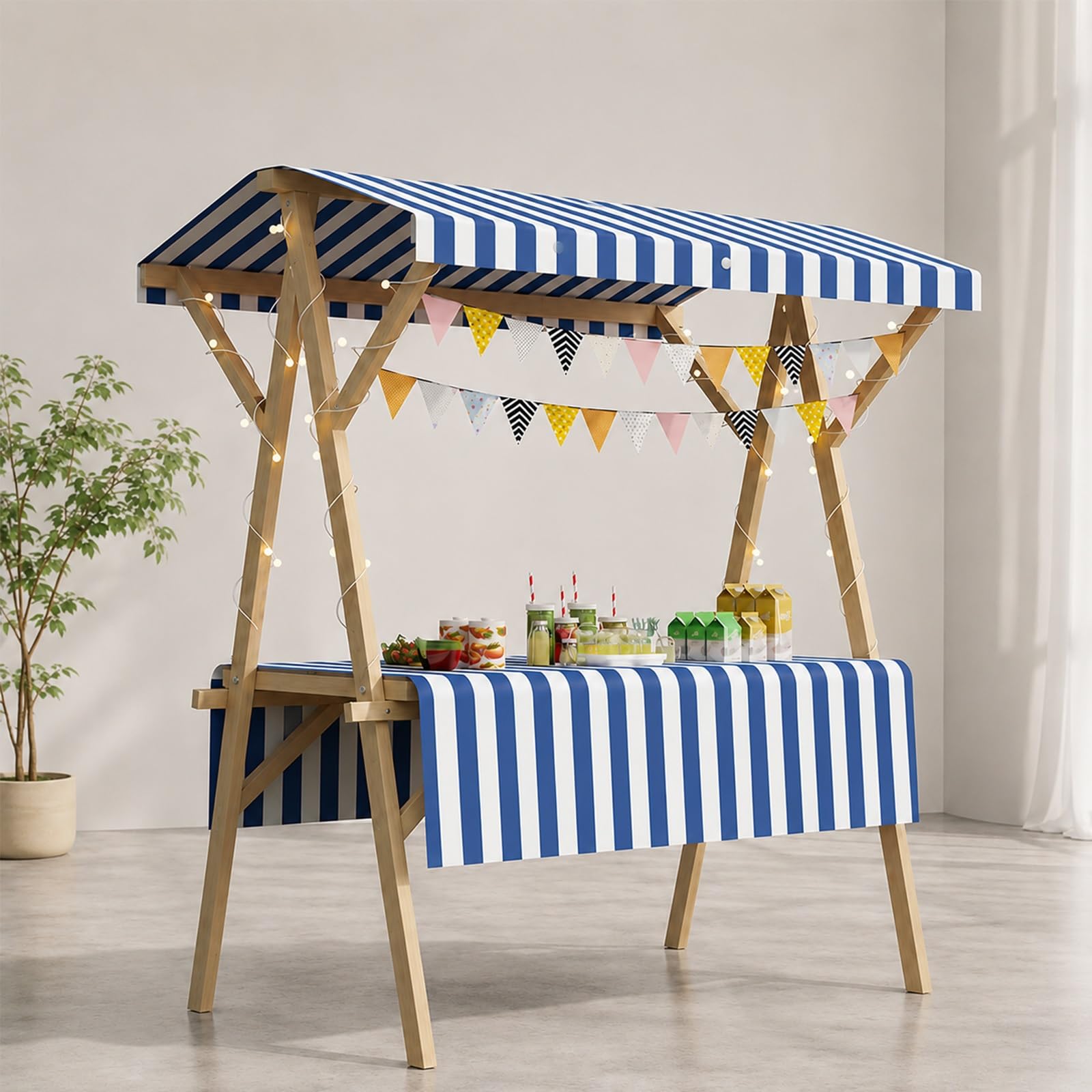 WNGJZZYC Foldable Vendor Cart with Canopy, Food Carts for Sale, Wooden Market Stall Display Stand for Farmers Markets, Street Vendors, Craft Fairs and Pop-Up Shops(Blue,L 150cm/59.1in)
