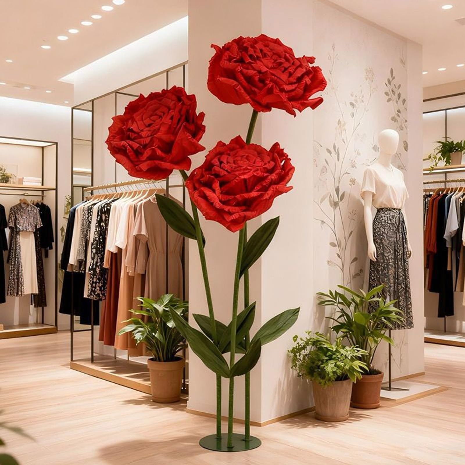 Große Künstliche Blumen mit Standfuß, 3er Set Papierblumen Groß Stehend mit Verstellbaren Stielen & Stabiler Metallbasis für Garten, Hochzeiten, Events & Schaufenster(Light Pink)