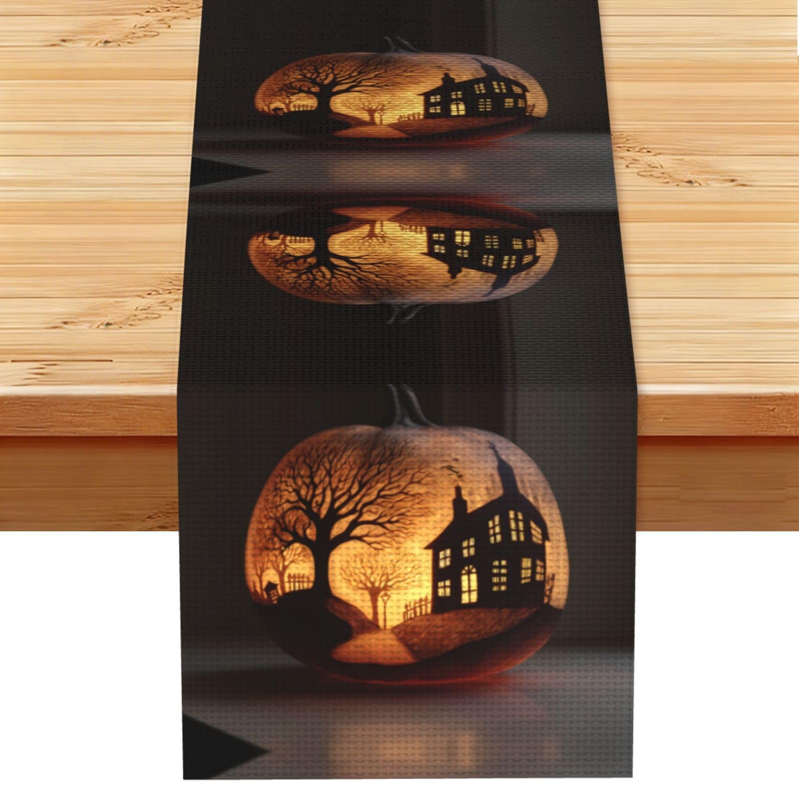 Pumpkin Lantern Flowers Linen Feel Table Runner Wedding Party Home Decoration