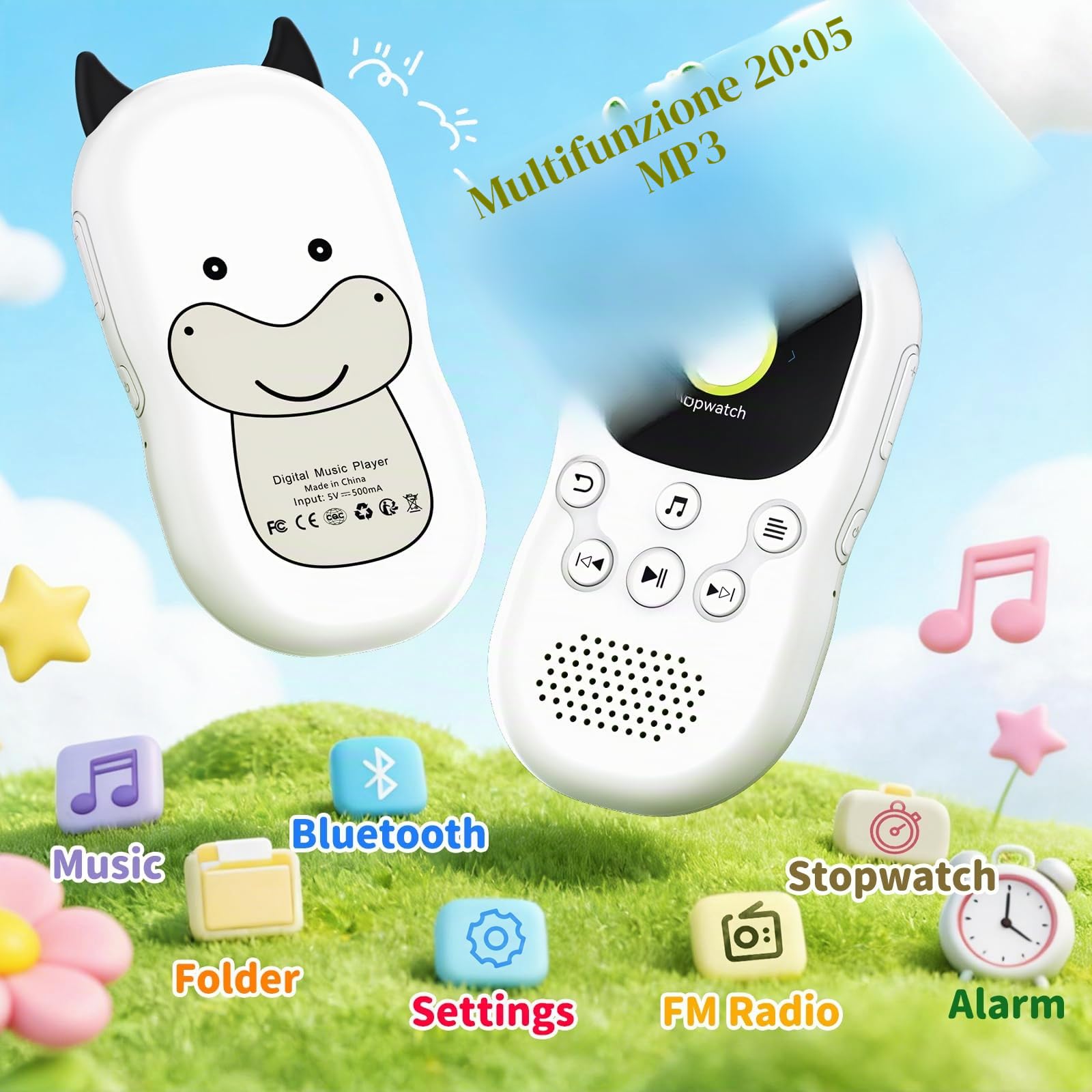 64 GB Lettore MP3 Bluetooth 5.3 per bambini, altoparlanti, lettore musicale con radio FM, sveglia, riproduzione di brani con un clic, batteria da 750 mAh, qualità audio HiFi, cordino gratuito