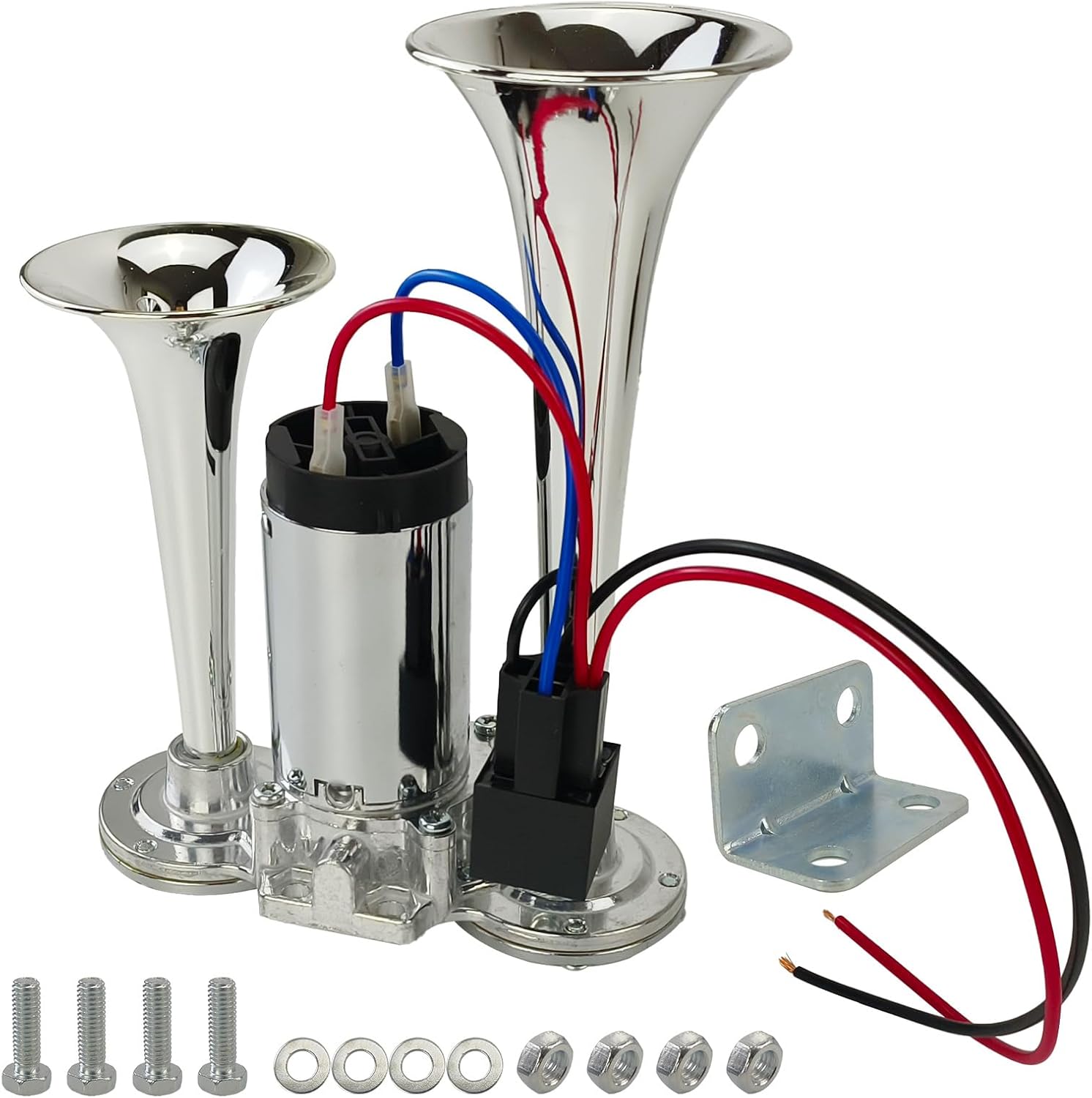 12V Dual Trumpets Air Horn Kit 600DB, Train Horns Fit for Pickup Trucks, Boat Car Train Ship Van Speaker (Silver)