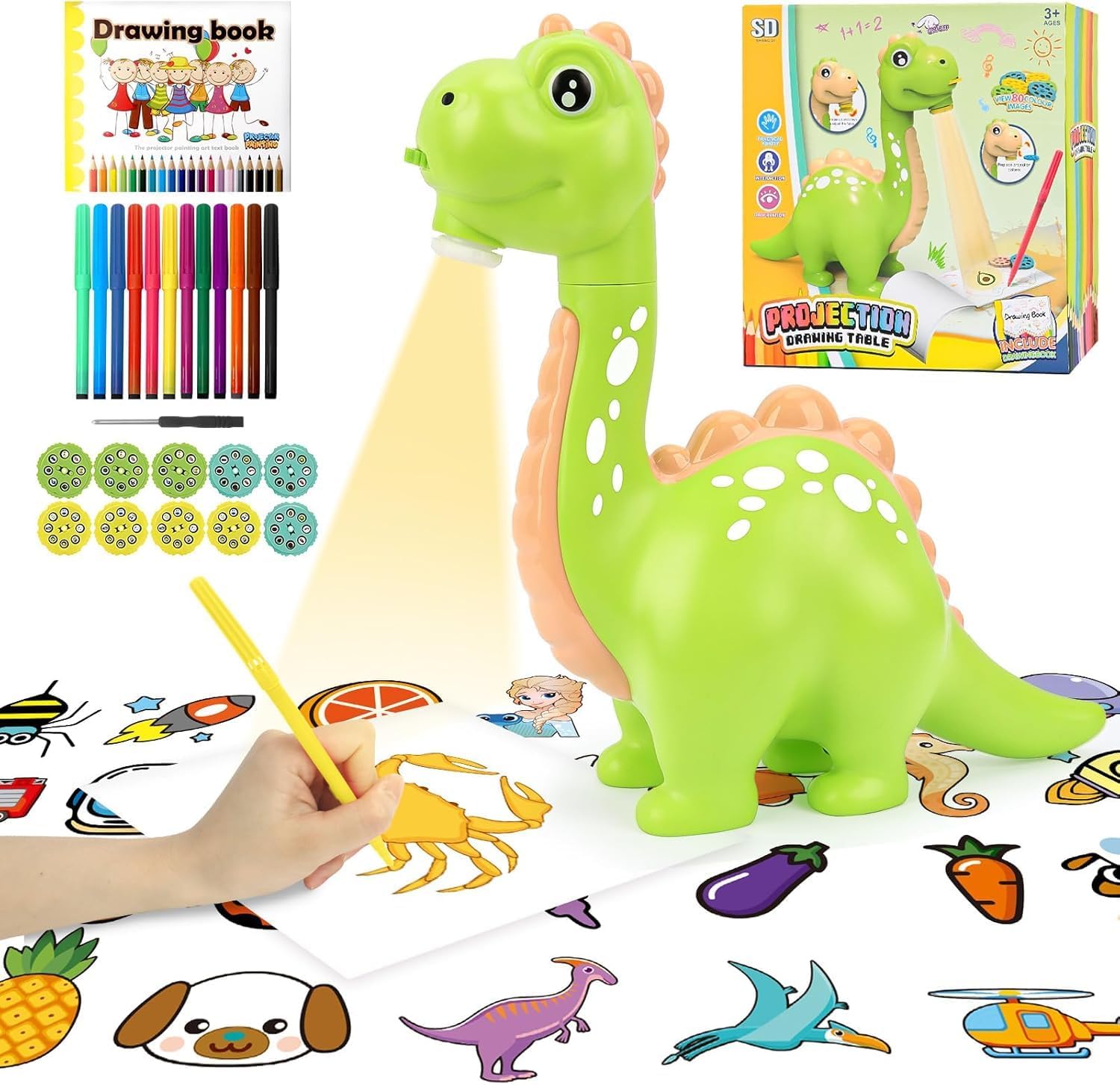 Projection Drawing Board with Music,Dinosaur for Ages 3-7 Tracing and Drawing Projector with 80 Patterns