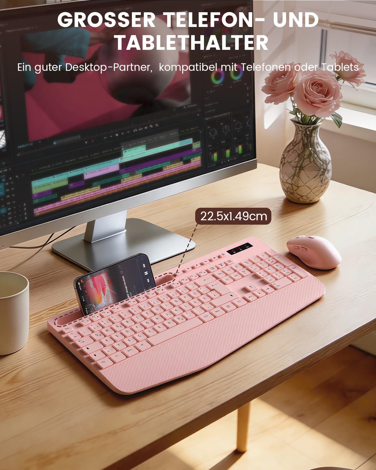 Juego de teclado y ratón inalámbrico, 2,4 G, sin latencia, juego ergonómico, reposamuñecas, soporte para teléfono, batería incluida, ratón silencioso y teclado para portátil, PC, Windows-rosa