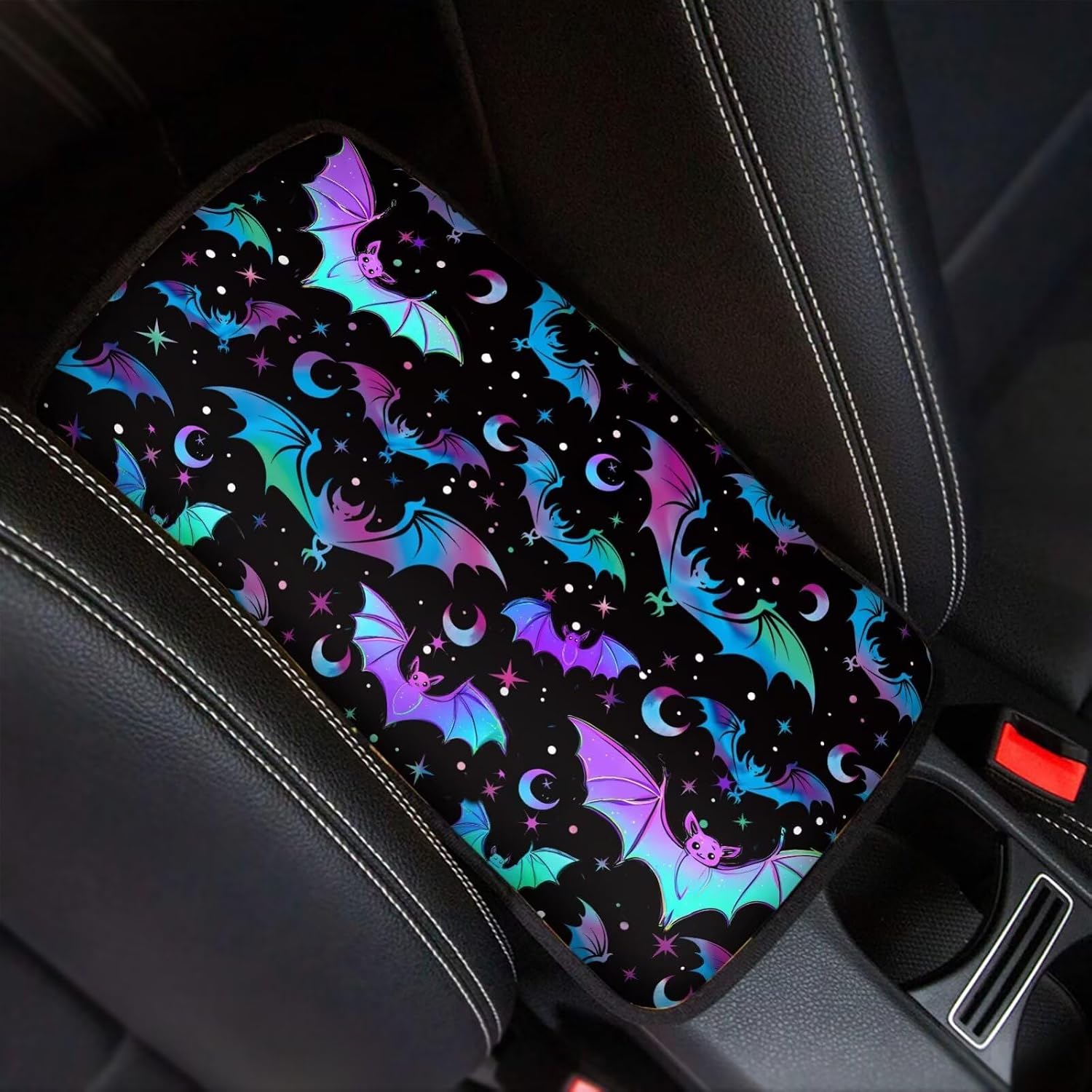 Dreaweet Neon Bat Print Car Center Console Cover, Halloween Car Accessories