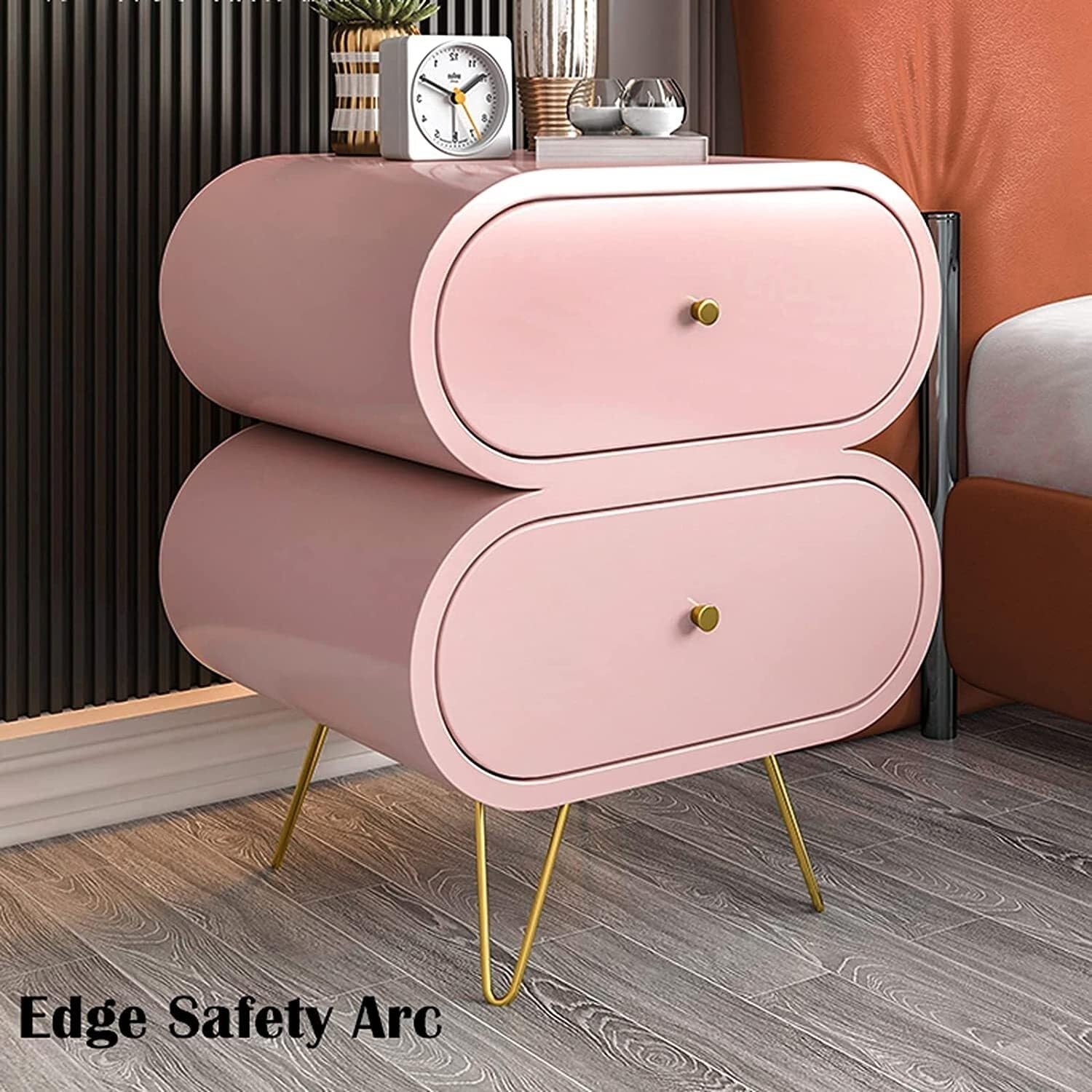 Comodino in Legno Comodini Unici 2 Cassetti con Gambe in Acciaio Inox Tavolo in Stile Moderno/Rosa/50 * 40 * 53Cm