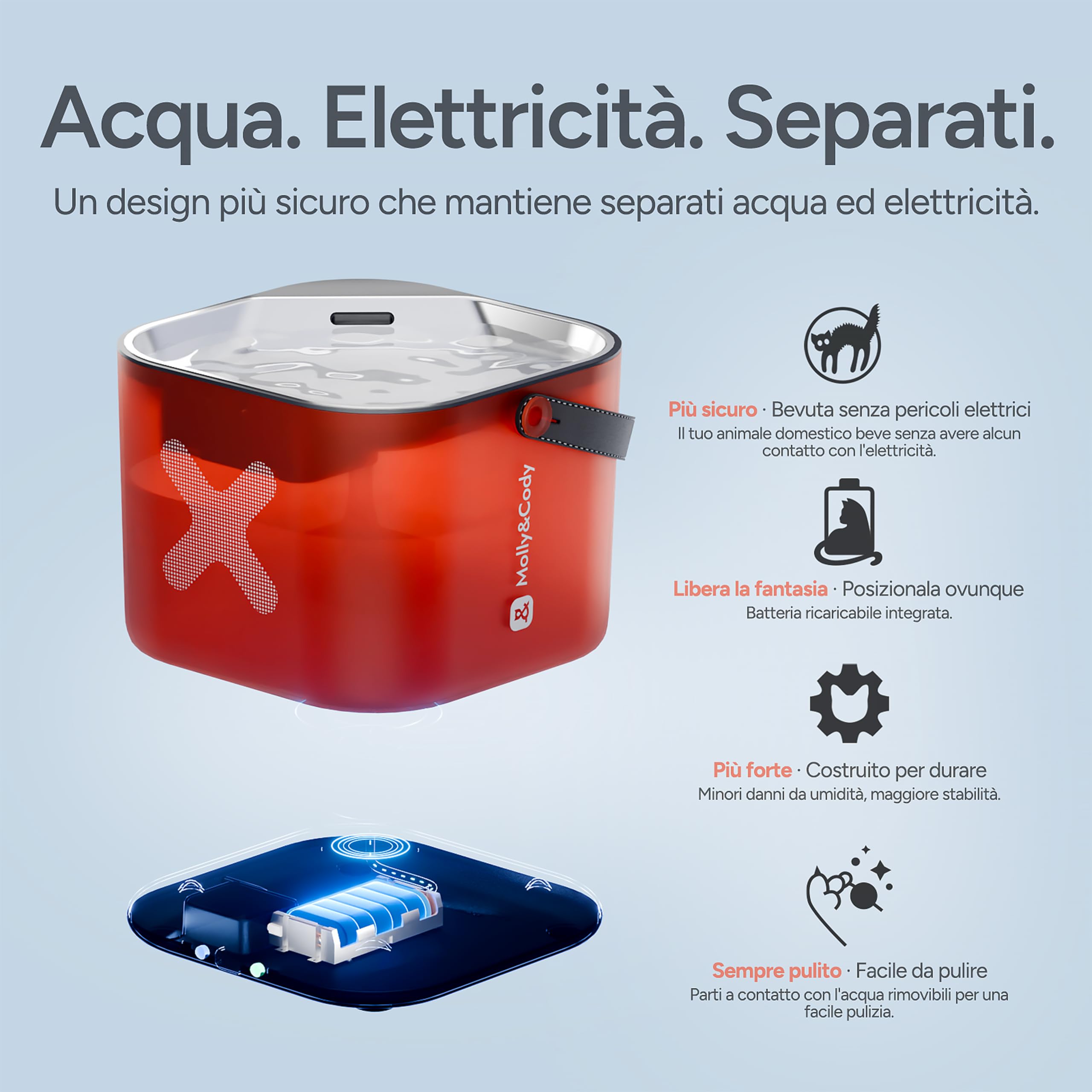 Molly&Cody Fontana d'acqua per gatti, fontana automatica senza fili per animali domestici, dispenser d'acqua in acciaio inox da 3 litri con base staccabile, funzionamento a batteria, silenziosa per
