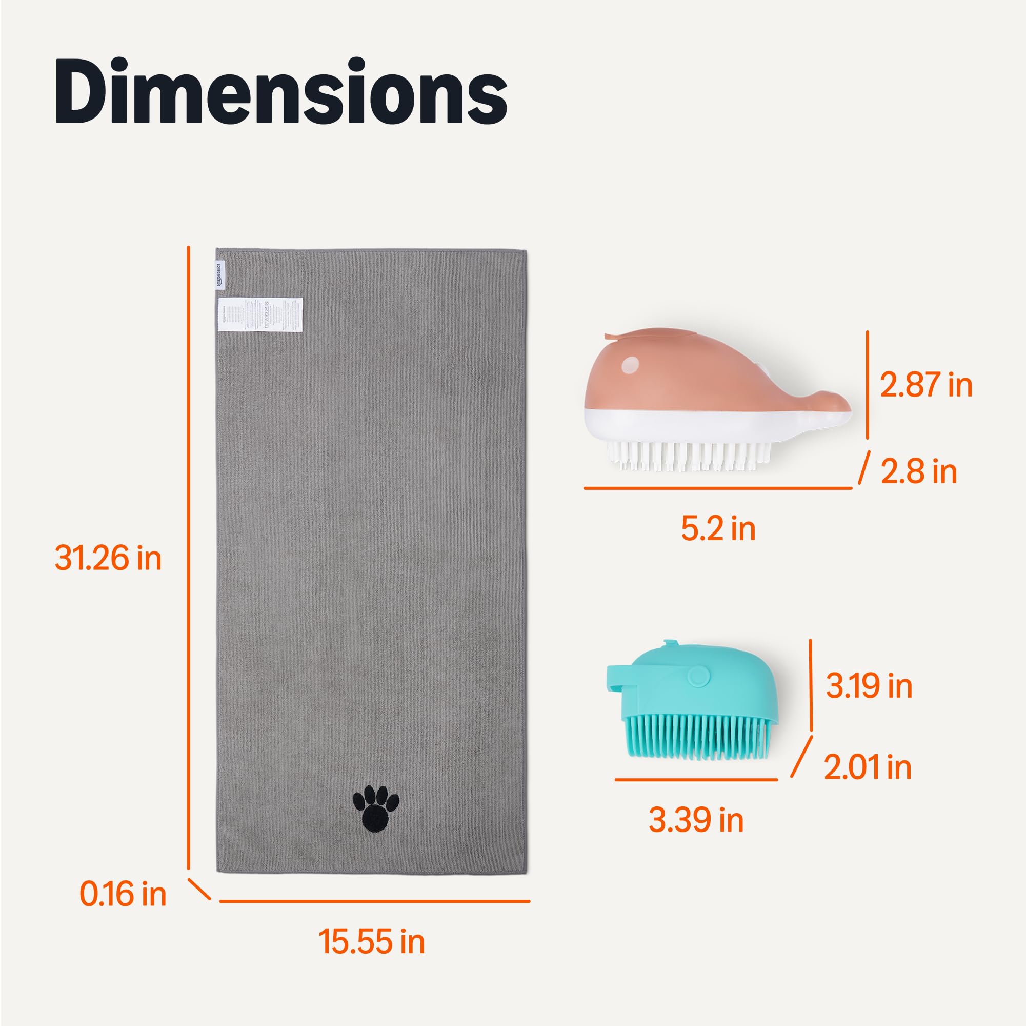 Amazon Basics Dog Bath Brush with Shampoo Dispenser and Fast Dry Towel, Blue and Orange, 3-Pack - image 5