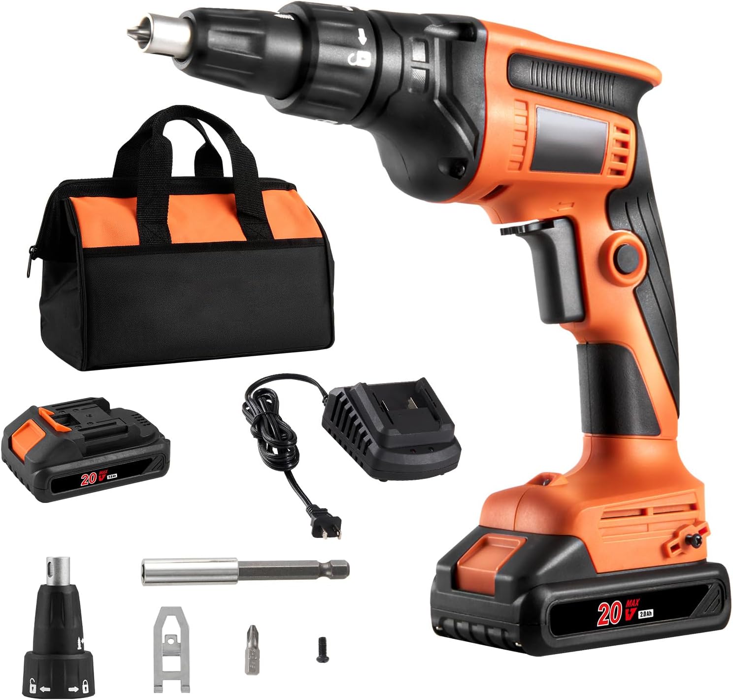 Brushless Drywall Screw Gun 20V Max Cordless 4200RPM Kit with 2 Battery Packs Charger Belt Clip Tool Bag LED Adjustable Forward Reverse