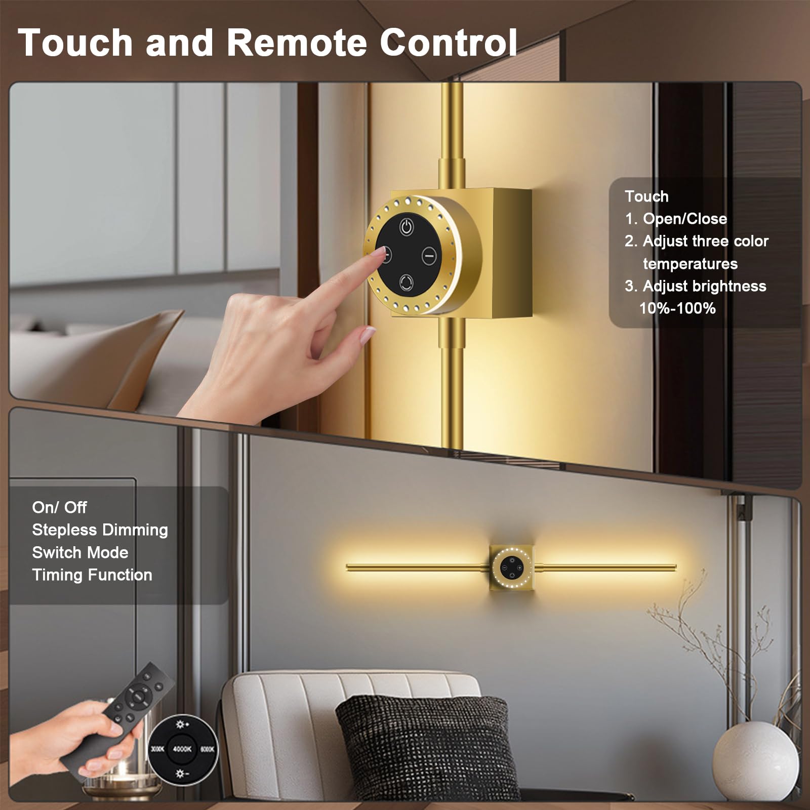 Akku Wandleuchte Innen Gold Touch Fernbedienung Dimmbar für Schlafzimmer | 78.5CM Lang Abnehmbar 6000 mAh Batterie USB Aufladbare Kabellos 360° Drehbarer Timer Tragbar Wandbeleuchtung für Wohnzimmer