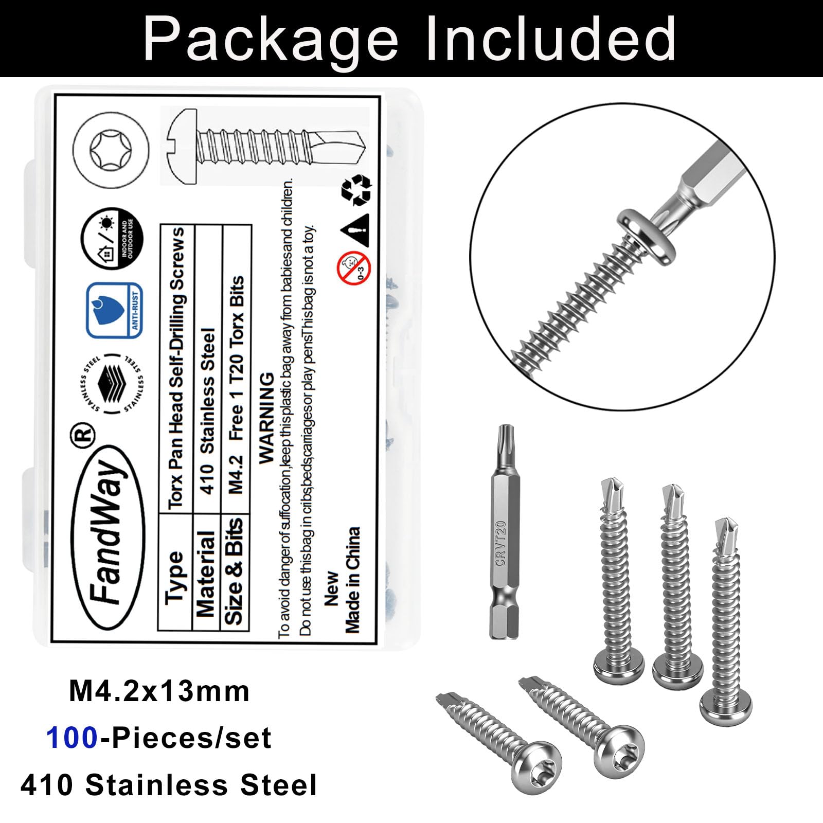 FandWay 100 Pcs Torx Self Tapping Screws Metal,M4.2x13mm Torx Self Drilling Screws,Pan Head Sheet Metal Tek Screw 410 Stainless Steel Black Coating With 1 T20 Bits For Metalwork Roofing Windows - Image 2