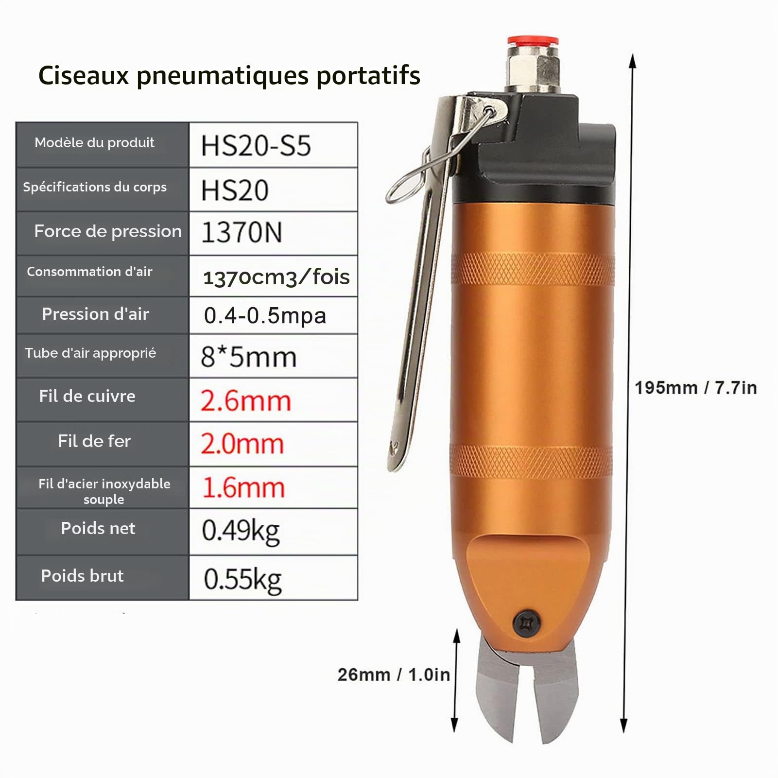 Ciseaux pneumatiques, outil de coupe pneumatique pour pince coupante pour fil métallique ron pince à fil en laiton en acier inoxydable HS20 coupe-fil pour cisaillement à air(HS20-S5)