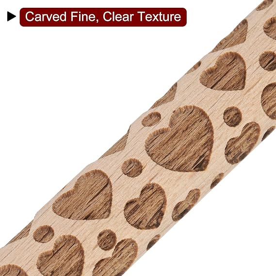 HARFINGTON Wood Clay Roller 4 Heart Pattern Rolling Pins Wood Rollers Pottery Tools Wood Grain Texture Rollers for Clay Baking Dough Playdough DIY