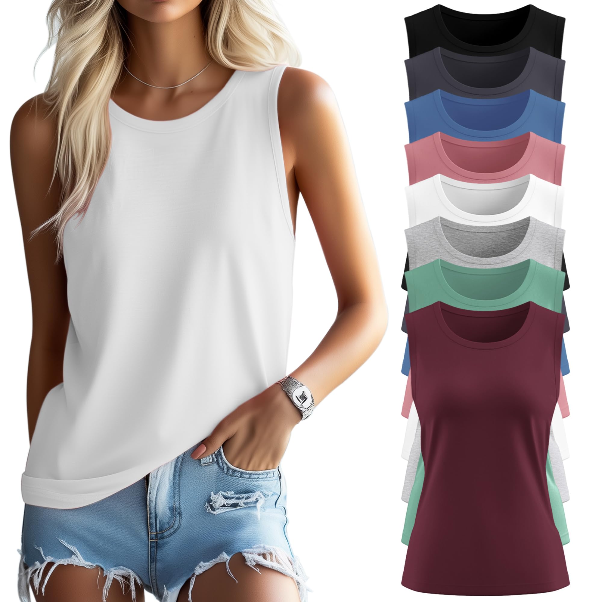 Ficerd 8 Pack Women’s Sleeveless Tops, Crew Neck Loose Fit Tank Tops Basic Summer Trendy Shirts Casual Fashion T Shirts
