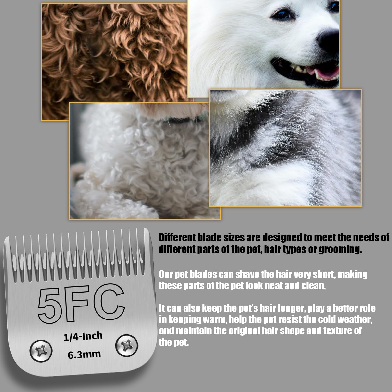 Confezione da 3 lame in acciaio inossidabile 5FC per toelettatura di cani, compatibili con Andis/Oster A5/Heiniger/moser max 50/Wahl, misura 5FC, lama da 1/4 di pollice, lunghezza di taglio di 6,3 mm