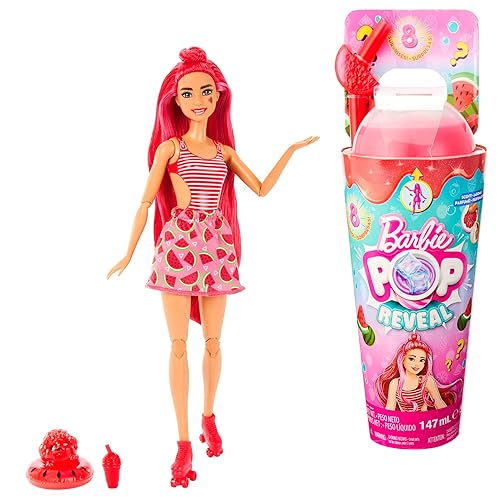 Immagine del prodotto Barbie - Pop Reveal Serie Frutta, Bambola a Tema spremuta di Anguria con 8 sorprese profumate e con Effetto Cambia Colore, Cucciolo e Accessori Slime Inclusi, Giocattolo per Bambini, 3+ Anni, HNW43