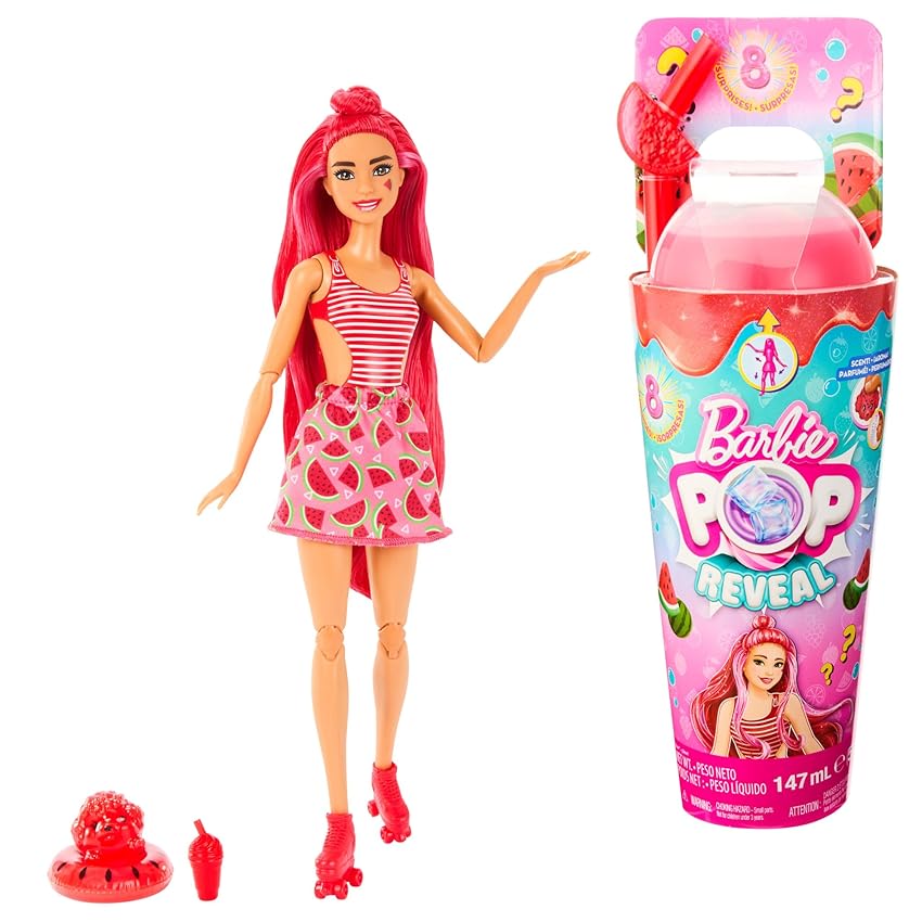Immagine del prodotto Barbie - Pop Reveal Serie Frutta, bambola a tema spremuta di anguria con 8 sorprese profumate e con effetto cambia colore, cucciolo e accessori Slime inclusi, giocattolo per bambini, 3+ anni, HNW43