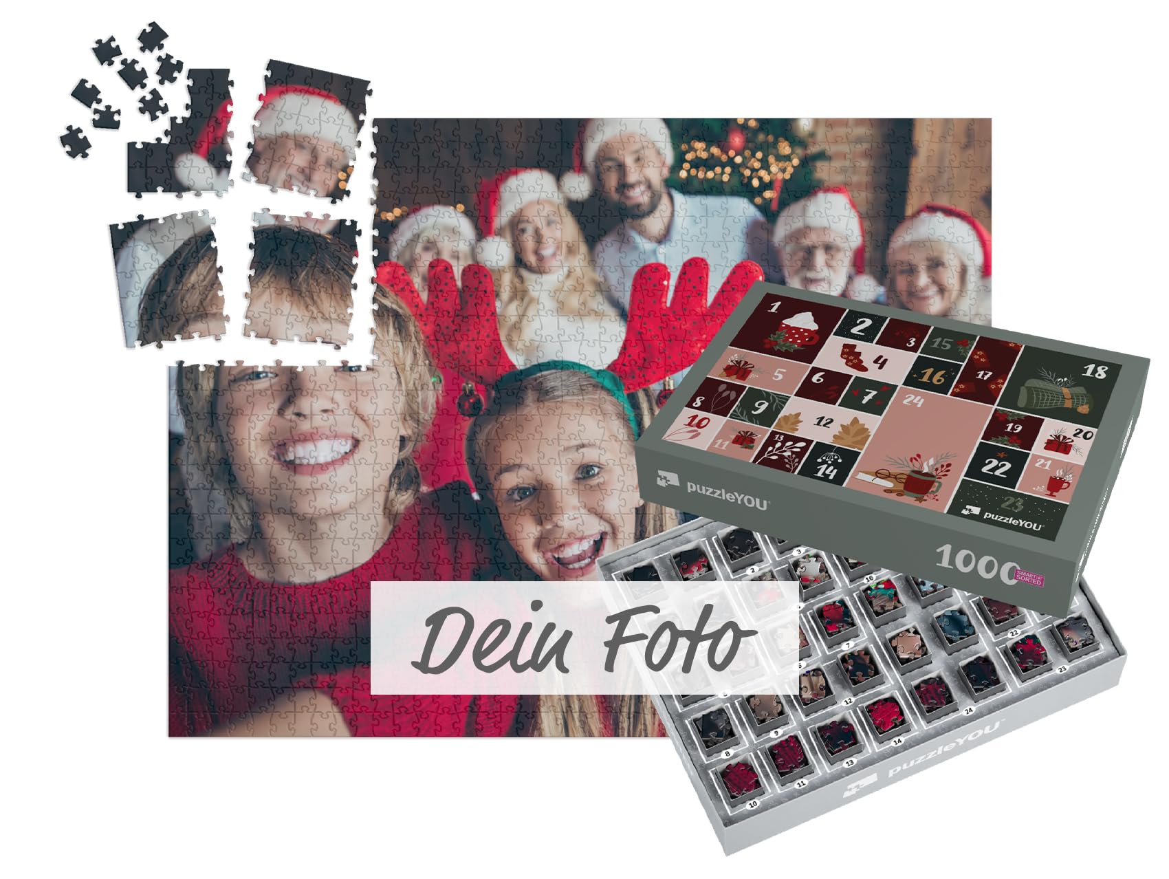 Persönlicher Puzzle Adventskalender - mit eigenem Bild als Fotopuzzle personalisierbar, 1000 Puzzleteile passend vorsortiert, jeden Tag ein passendes Puzzlesegment