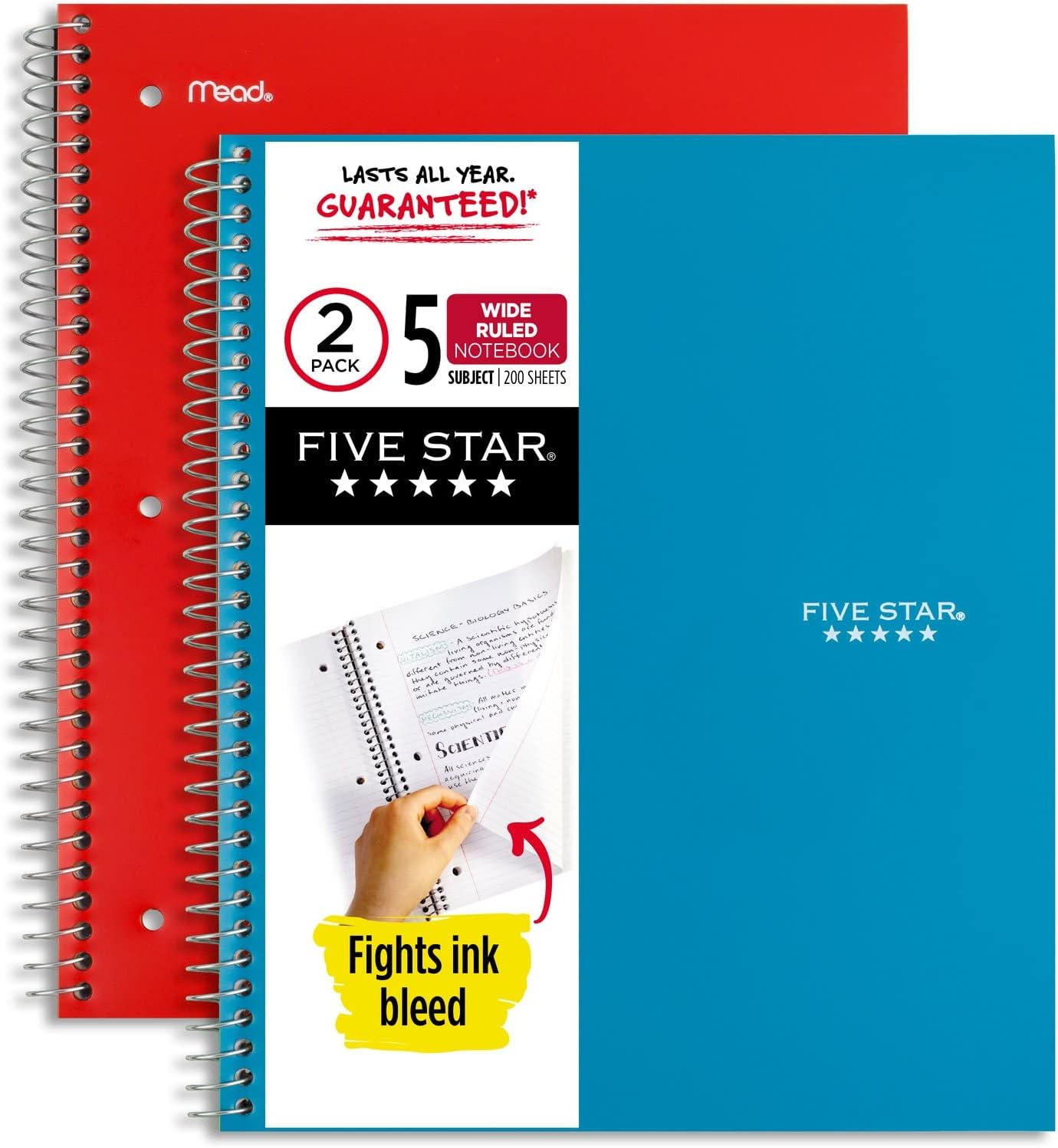 Five Star Spiral Notebook, 5 Subject, Wide Ruled Paper, 8" x 10-1/2", 200 Sheets, Tidewater Blue & Fire Red, 2 Pack (930082)