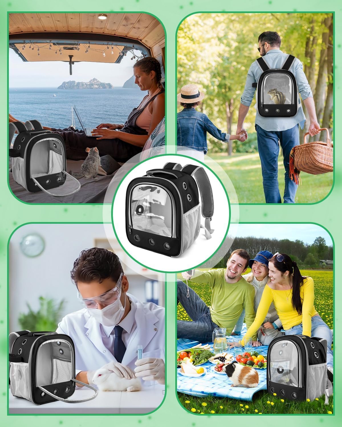 Sac à dos pour cochon d'Inde - Sac de voyage portable pour petits animaux - Sac de voyage avec porte-bouteille et support amovible (noir)